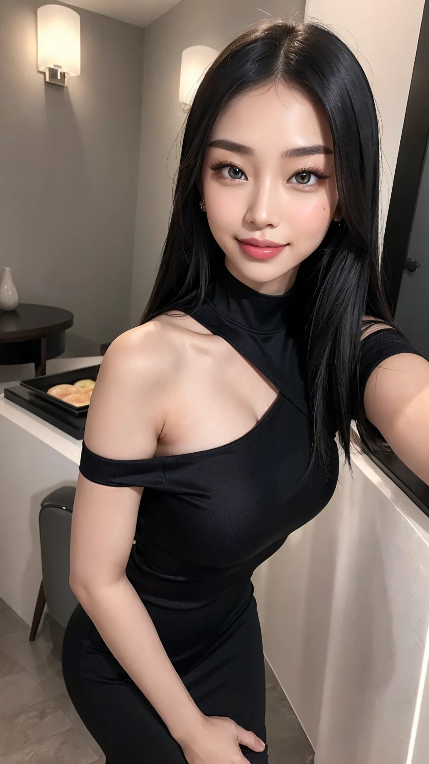 Enigmatic Asian allure, hyper-realistic charm, captivating eyes, playful smile, sizzling in a sleek, off-the-shoulder bodycon dress, radiating confidence and allure.