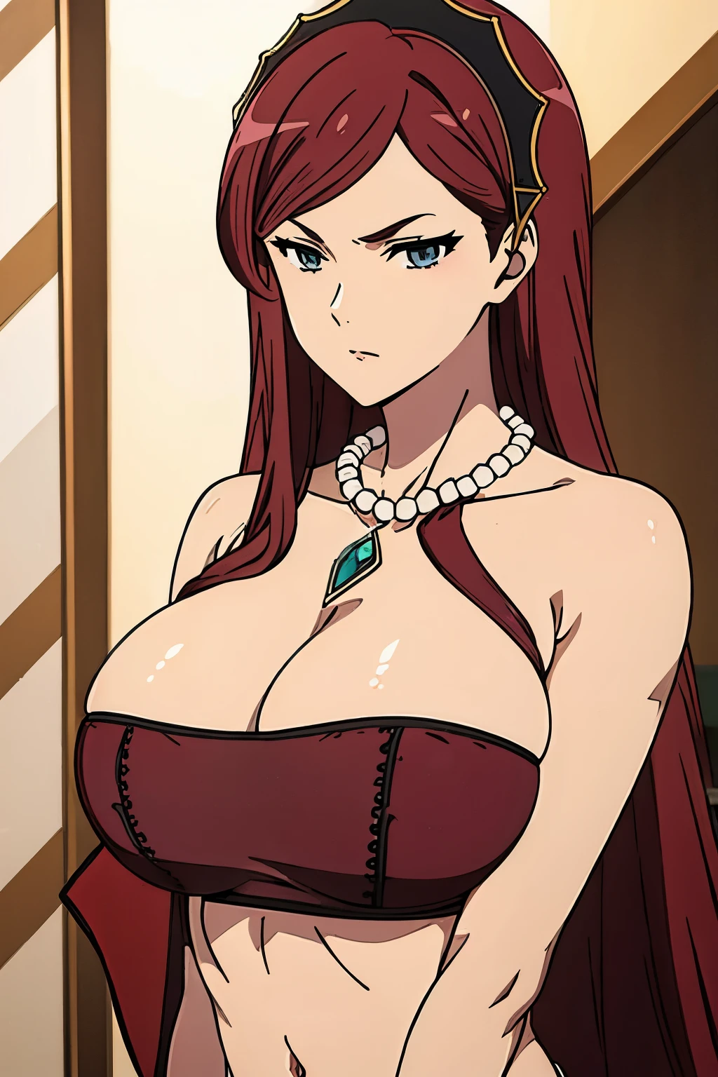 black bra, panties, hair band, maroon hair, milf, busty, huge , long hair, emotionless, detailed, upperbody, necklace,