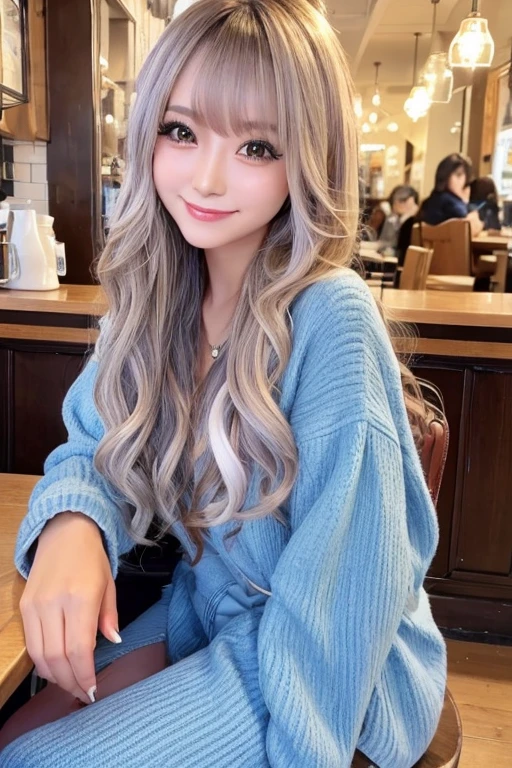 Photorealistic, high-quality 32k photo of a beautiful Japanese girl in a casual, chic outfit,with detailed eyes and a charming smile, seated at a cozy café,her hair styled in a soft wave,ash blue hair