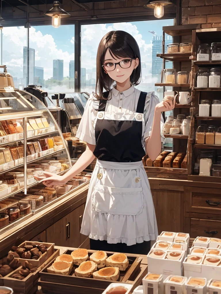 (best quarity,ultra detailed,ultra-high-resolution, absolutely resolution,8k, masterpiece),very-cute-and-beautiful-anime-girl,highly-detailed-face-and-eyes,20 years old,1girl,dark brown eyes, stylish glasses, white apron, black dress, standing behind the counter, steam rising from the coffee, white shelves filled with freshly roasted beans, coffee cups neatly arranged,BLT sandwiches,scones, sun lighting, vivid and flesh atmosphere, big window, High-rise buildings,blue-sky,
