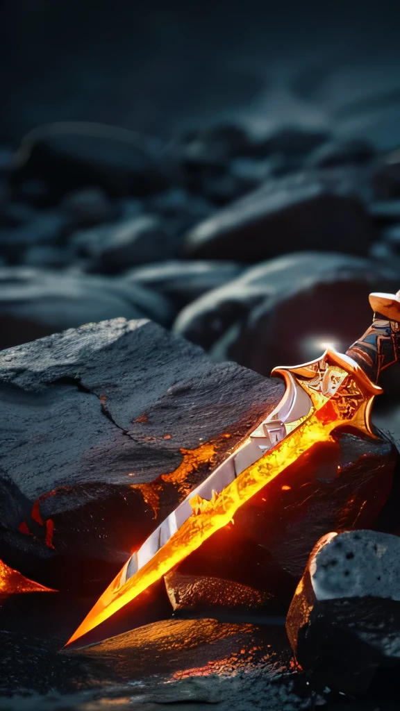 A legendary lava dagger placed on rocks