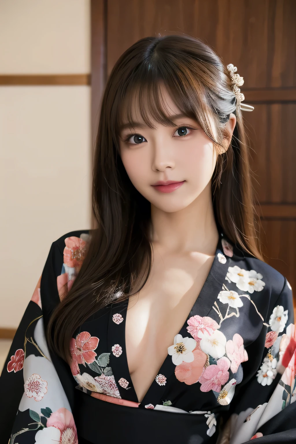 Tabletop, highest quality, figure, Very detailed, In detail, High resolution, 8k wallpaper, Perfect dynamic composition, Beautiful fine details,Black floral pattern kimono、Oiran,Large Breasts、Unbuttoned、Center of chest, Dark Room、Natural color lip, Bold sexy pose,smile,20-year-old girl、cute、sexy shot looking at camera