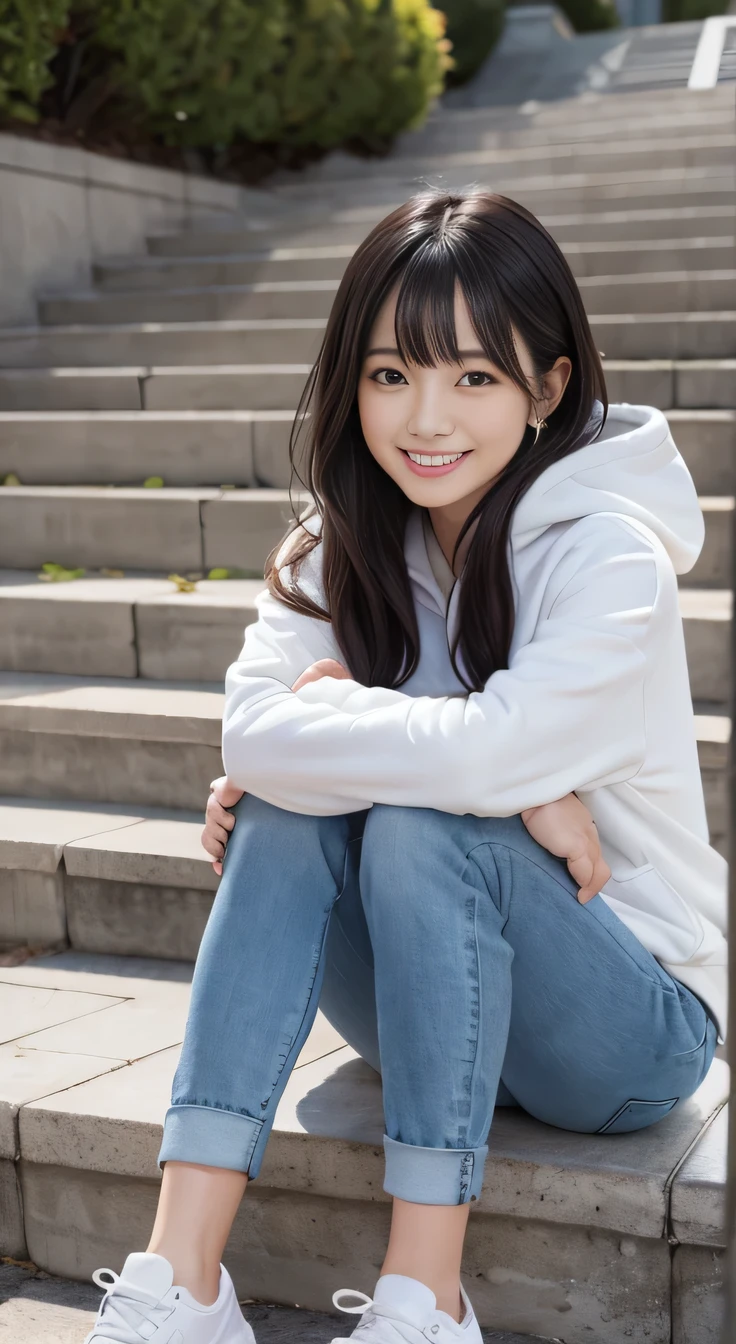 highest quality, Realistic, Very detailed, Finer details, High resolution, 8k wallpaper, One beautiful woman,Sit on the stairs、(Wear black socks)smile、(Beautiful teeth alignment、)(Gums are visible) Oversized hoodie, Skinny jeans,( Black sneakers)、Black Hair、 Beautiful Bangs、ear piercing、Perfect dynamic composition, Beautiful and detailed, Full Body Shot, A big smile