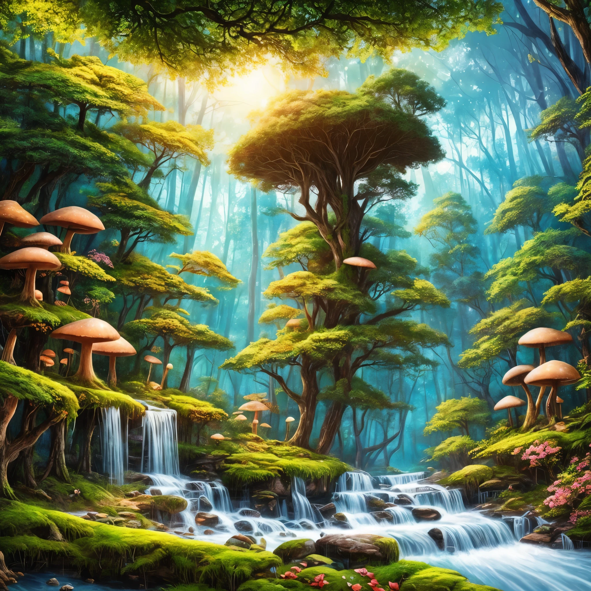 (masterpiece, 最high quality, high quality, Highly detailed CG Unity 8k wallpaper), Mysterious and enchanting scenery of a fantastic forest, Towering Tree々, Glowing mushrooms and hidden fairies, Creates a sense of mystery and fascination, Warm colors, Art Style, oil, High resolution, Rich in detail and emotion, Increased depth and depth, Blurred depth of field, Soft colors, Detailed Texture, A wonderful work of art, Art on the road. --automatic