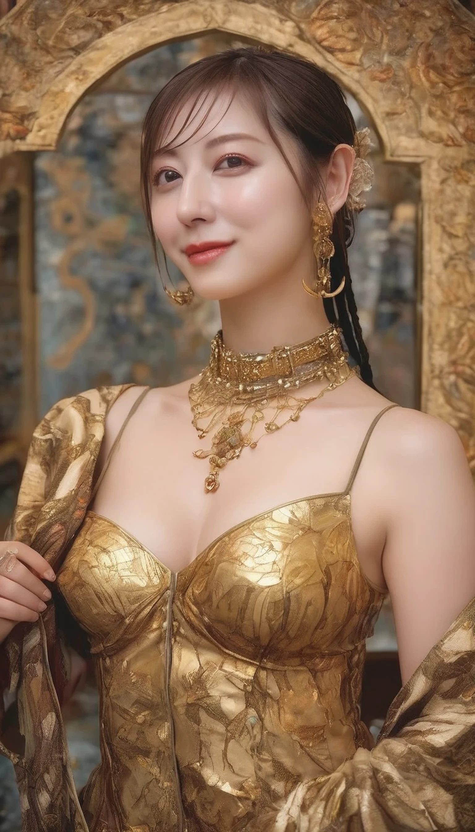 (Highest image quality, realistic depiction),(Body slippery with lotion,sweaty body),a choker,fullnude,,full naked,(artistic all naked art),Colossal tits,(A beautiful woman expressing jeanne d'arc with gold and platinum body paint,Colossal tits,leg up,),Love affair in the bedroom