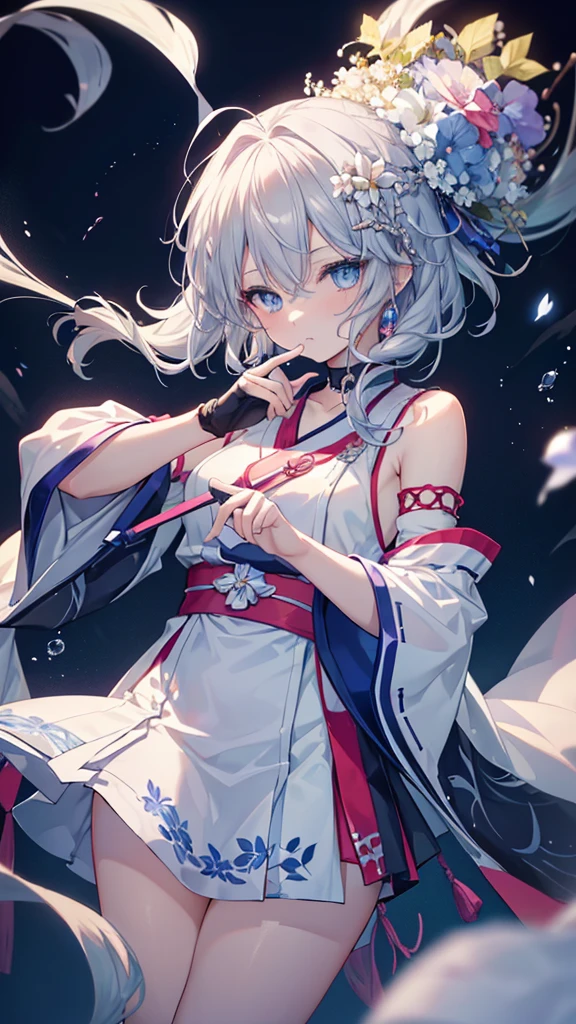 Many sword and gunshot wounds、Heavy bleeding、Cute white underwear with ribbon、Cute white bra with ribbon、Japanese sword and dragon sheath、A magic swordsman who uses blue flames