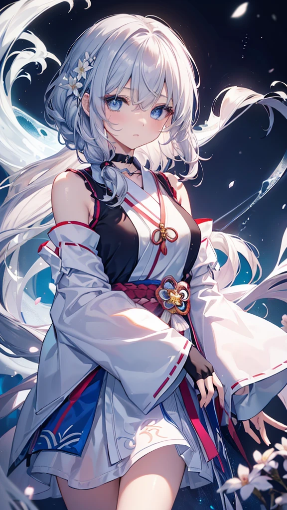 (俯瞰shape),Dynamic Angle,Super detailed, shape, close, straight, One Girl, (Fantasy:1.4), (Deep blue eyes:1.233),Her Eyes Glowed Like dream-like Stars,(Shining Eyes:1.233),(Beautiful and delicate eyes:1.1),(Silver Hair:1.14),(Messy Hair,Very long hair,Braiding,Between the eyes,Side Lockull Hair flower: 1.14)),(Chiffon dress,に青いflower柄)/=(uniform: 1.24),(Sleeveless,Wide sleeves),(Fingerless gloves),choker,(Miko, that&#39;s not true.),No pressure with high heels,closed your mouth),(Sting Ring),(In the White Ancient Palace、Classic princess boudoir with dressing table and French windows),(White flower,flower),(deep sea),(Flowing water),(Dull Blue World Tree:1.14), (What&#39;s left behind),(night:1.2 ),dream-like,soul,(fluorescence),(Translucent blue butterfly:1.15),[[Delicate fingers and hands:0.55]::0.85],(Thin fingers),(Soup packets:0.5),Erotic
