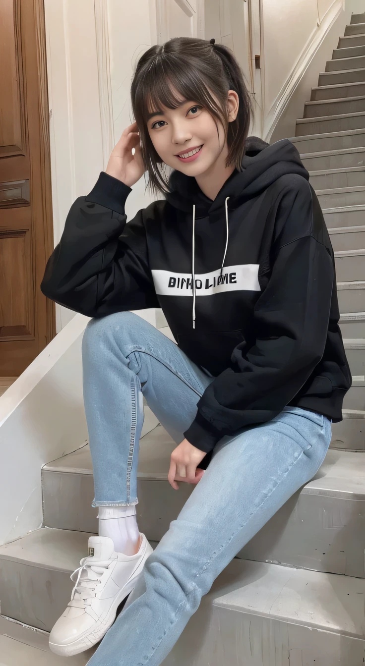 highest quality, Realistic, Very detailed, Finer details, High resolution, 8k wallpaper, One beautiful woman,Sit on the stairs、（Wear black socks）smile、（Beautiful teeth alignment、）（Gums are visible） Oversized hoodie, Skinny jeans,（ Black sneakers）、Black Hair、 Beautiful Bangs、ear piercing、Perfect dynamic composition, Beautiful and detailed, Full Body Shot, A big smile

