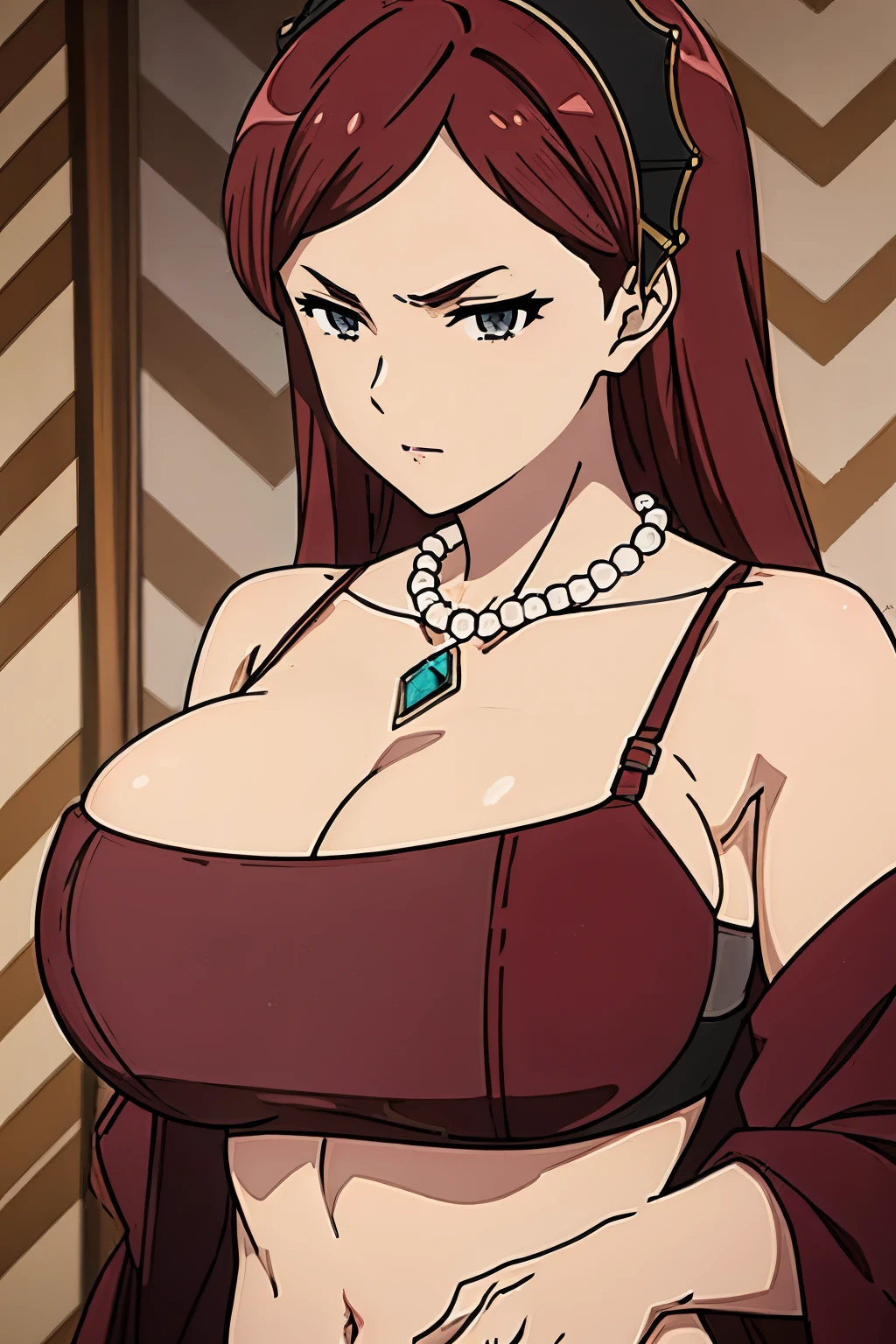 black bra, panties, hair band, maroon hair, milf, busty, huge  , long hair,  emotionless, detailed, upperbody, necklace,