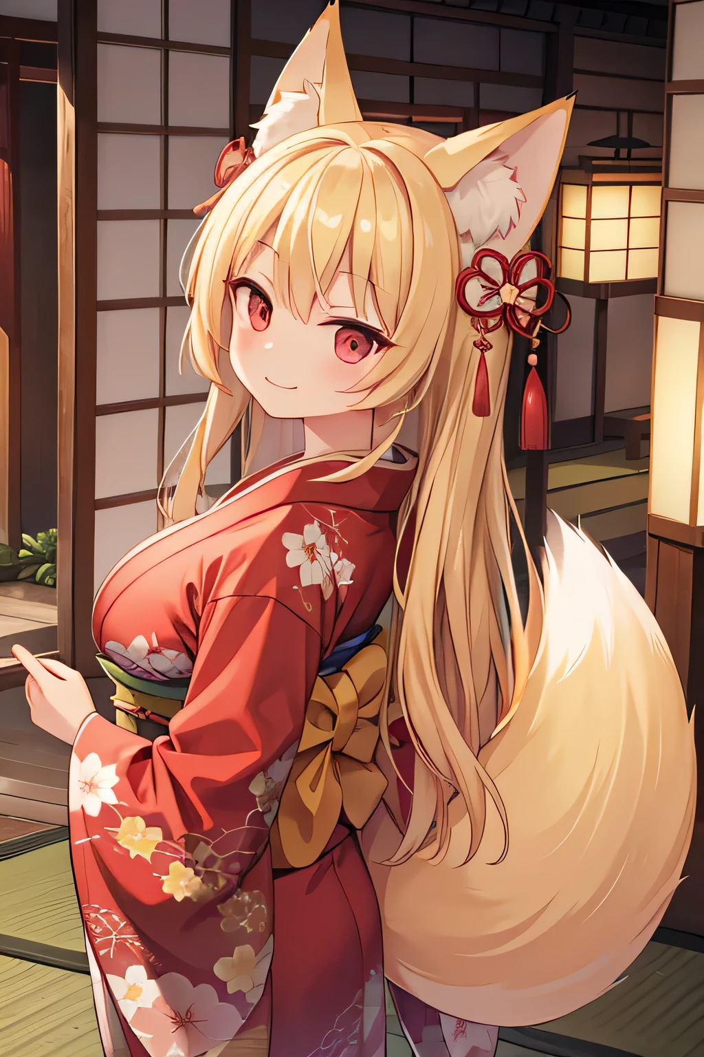 8k、Highest quality、high resolution、Small breasts、Nipples、Fox ears、Long blonde、Red Eye、kimono、Clothes falling apart、Japanese-style room、Grinning