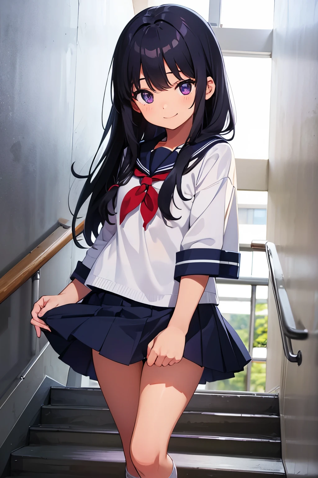 School stairs　Elementary school girl, 8 years old　Flat chest, black hair, long hair, purple eyes　smile　White upper body, short-sleeved sailor uniform　Navy blue mini skirt and white panties （（I can see her panties）） White socks　sports boots　School stairs　Standing Dynamic angle Low angle