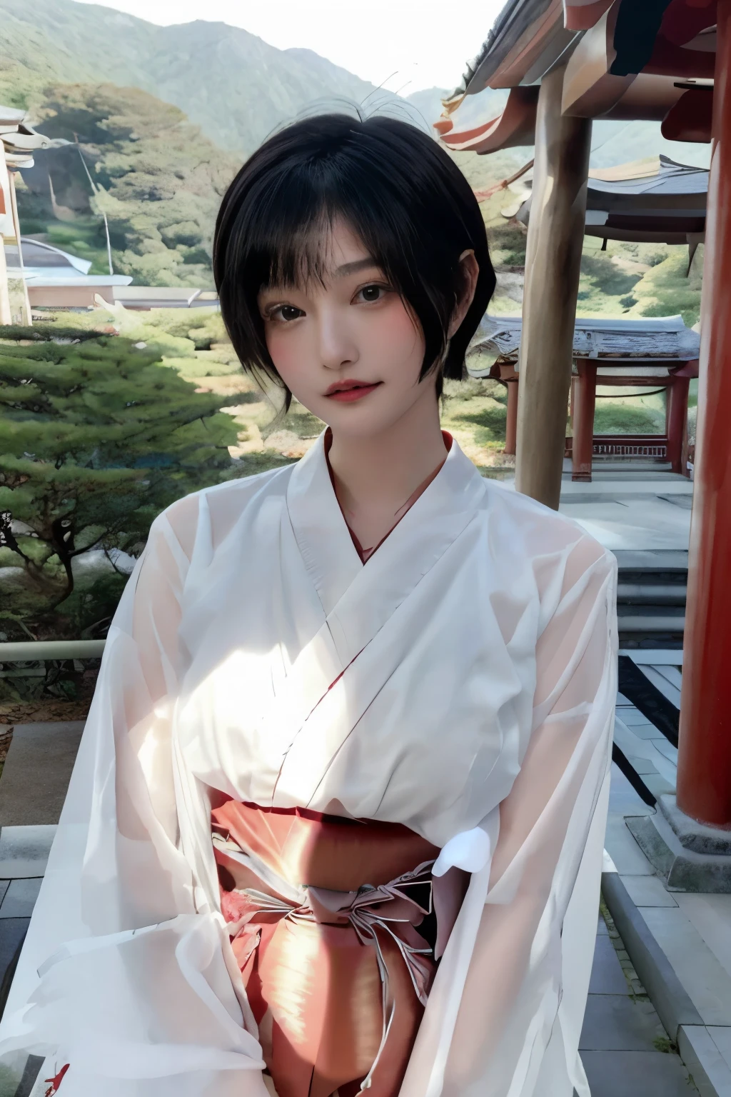 Masterpiece、highest quality、Woman 1、Long-limbed woman、Photo realistic、Super detailed、Gravure idol　Black Hair、short hair、Straight Hair　Red Hakama、Shrine maiden、White kimono　see through　Gravure pose　shrine