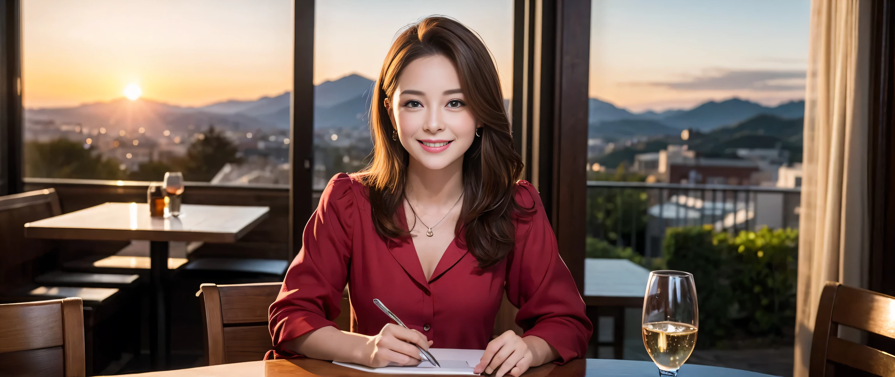 ((highest quality、8k、masterpiece:1.3))、Beautiful woman perfect body:1.4、Slim body、((Bob Hale、Straight hair:1.2))、 Ultra-high resolution, Bright image、2. The beauty of wine, Beautiful Face, blue eyes, Beautiful Eyes, The light shines on your face, Blushing your nose, short hair,Amazing view of the sunset sky and clouds、Amazing mountain views、A bright smile、A lovely woman with a smile、Bright Face、Fox face、Lady、Champagne、Wine bottle、wine glass、red wine 、Appetizers、Italian food、Two beauties、Brown Hair、Shortcuts、Long sleeve shirt、Winter Fashion、dress、Wine bottle、sparkling wine、Pretty Woman 1, (Slim face), (Brown Hair), (Shortcuts), cheeks turn a little red, (42 years old), 39 years old, Attractive beauty、restaurant, Nova Frog Style, actress, model, Upper Body, White wine, slim, wine glass, A wine glass placed in the middle, smile, (smile: 1.15), Beautiful Eyes, Strong light and shadow,Moist Body:1.5、Delicate eyes、Brown Hair、The hair is very shiny、