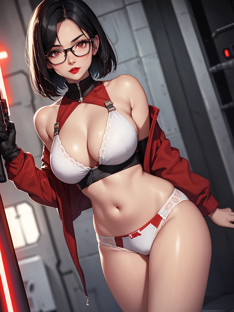 beautiful girl, 18 years old,Short hair, shoulder length,black hair, big breasts,wet, camel toe, red lips ,Wear glasses,
White underwear,
Starwars, jedi,sith, light saber,