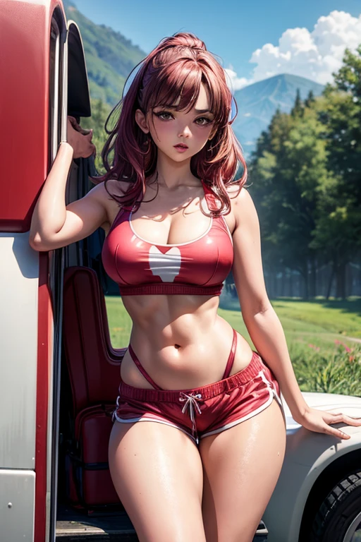 4k, digital painting, Comic Babes, araffe girl in red bra and white shorts leaning against a red truck, Isabela Moner, Instagram Model, thick thighs, Julia Fontes, sexy girl, beautiful young model, in the countryside, streetwear bra and shorts , sexy look, Portrait of Sophie Mudd, thighs, the extremely hot and sexy, exposed thighs, half pink, olivia de bernardinis