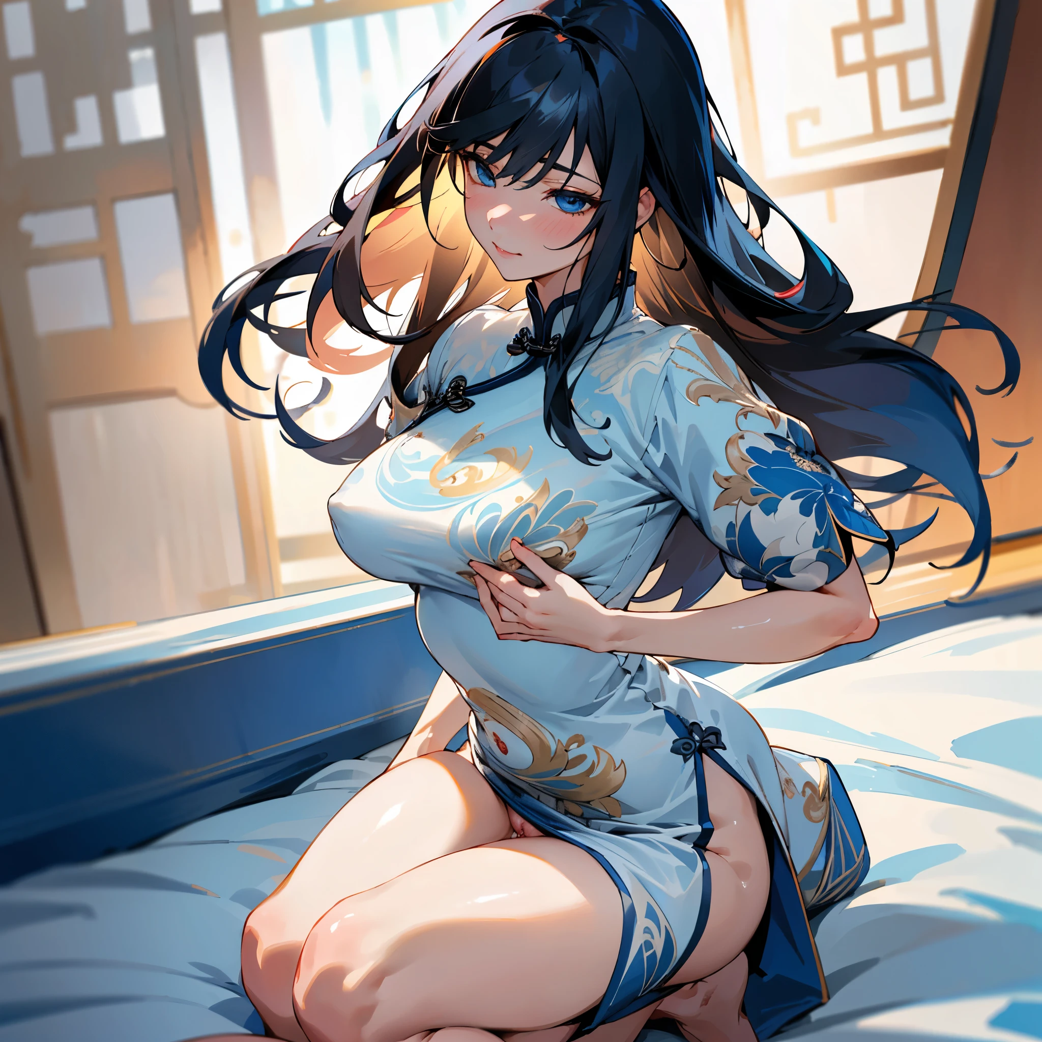 (Realistic:1.3), (photoRealistic:1.2), (highest quality), (Detailed skin:1.3), (Intricate details), With one woman1Men, 19 years old, Detailed skin texture, (blush:0.5), Scattered beneath the surface, smile, Black Hair, Straight Hair, Long Hair, bangs, Hair between the eyes, Hair volume is low, Sparkling blue eyes, Lens Eye, Light reflection in the eyes, Symmetrical eyes, looking at the camera, hair ornaments, Close-fitting clothing, Wearing edgJF_China dress, Side slits, (China dress), Floral prints, Two arms, Five fingers, Two joints in the fingers, Fingers are roughly parallel, barefoot, Depict the whole body. ((Study)), Browsing Caution, (((Sex))), Pussy, Heterosexual, vagina, (penis), Sex, no_panties, Exposed Skin, Sensual, Sex, 壊す POV Hip Grab Cowgirl, a cock in the vagina