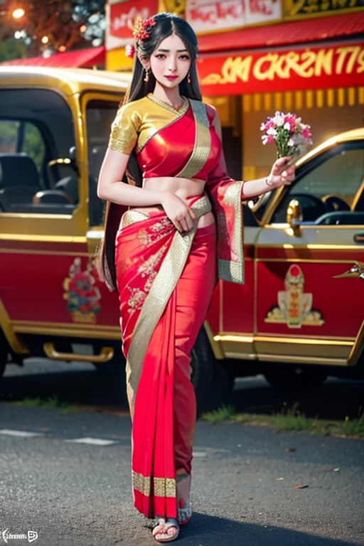 craft  class photo  details  realistic  Very realistic,  A woman holding a bowl of flowers ((red saree))  Sukhoi Thaikos  Thowonduchani style,  "Loy Krathong Festival" traditional beauty,  anime thai girl  Southeast Asian long nivanh Chanthara tradition;  (Indian Art),  traditional art  Tithiladon,  traditional dress saree  traditional dress  traditional clothes  8K  full body shot  lights,  Very beautiful golden temple background.  Pack it up!