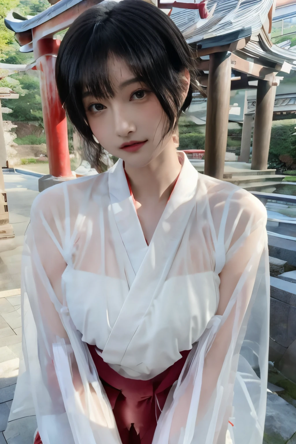 Masterpiece、highest quality、Woman 1、Long-limbed woman、Photo realistic、Super detailed、Gravure idol　Black Hair、short hair、Straight Hair　Red Hakama、Shrine maiden、White kimono　see through、brassiere　Gravure pose　shrine