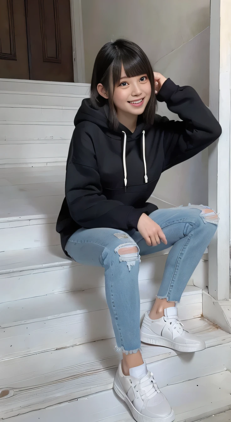 highest quality, Realistic, Very detailed, Finer details, High resolution, 8k wallpaper, One beautiful woman,Sit on the stairs、(Wear black socks)smile、(Beautiful teeth alignment、)(Gums are visible) Oversized hoodie, Skinny jeans,( Black sneakers)、Black Hair、 Beautiful Bangs、ear piercing、Perfect dynamic composition, Beautiful and detailed, Full Body Shot, A big smile