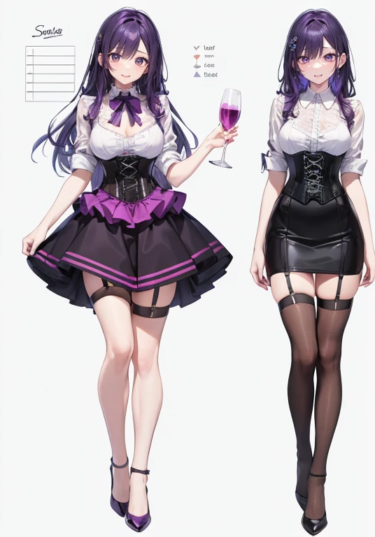 Purple hair,Long hair,Adult female,Bartender,((Body harness)),((Rolling up your sleeves shirt)),(Corset),(Tight skirt),Garter belt,High heels,((Simple background)),Smile,((Full body)),((whole body)),Character Sheet,