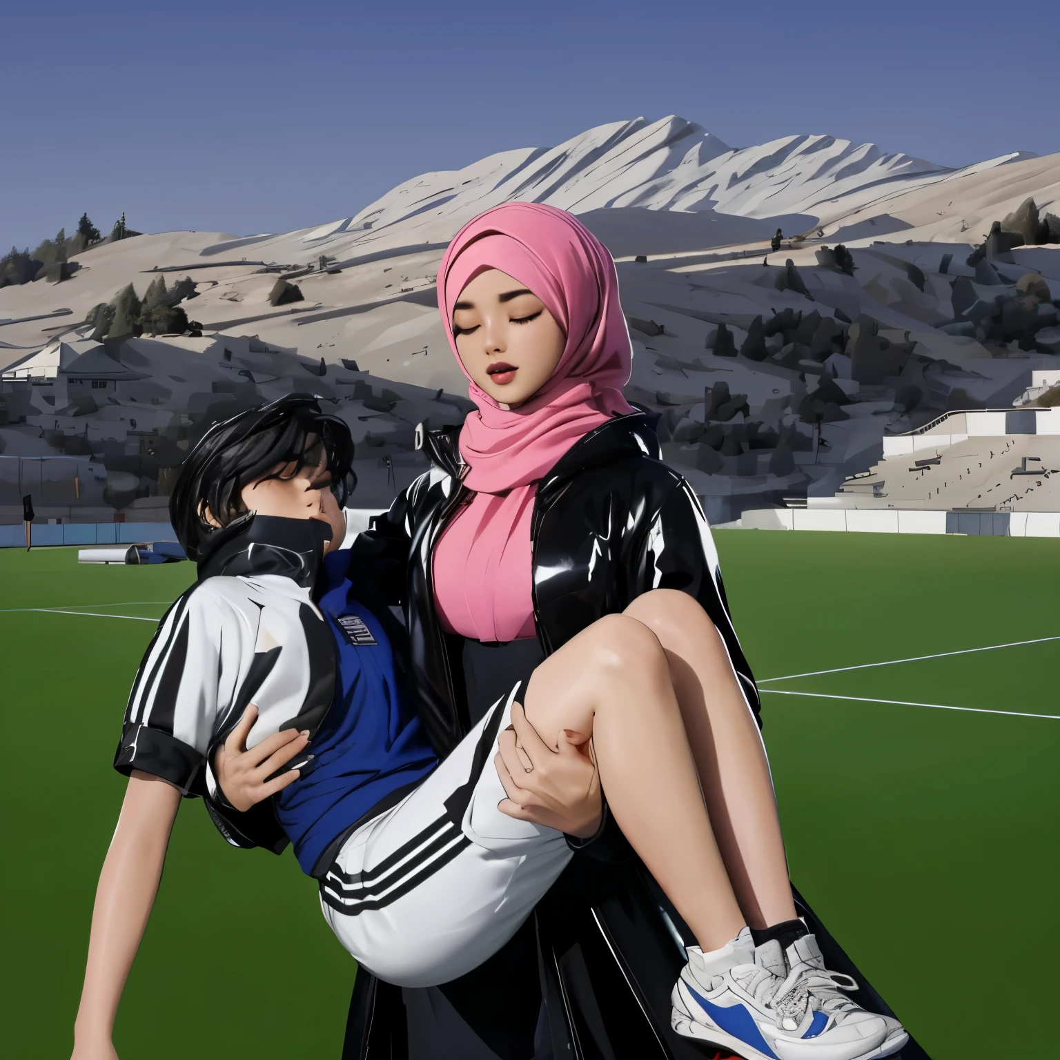 a desparated arab muslim hijabi-girl is standing in a laquered and very shiny quilted coat and carries a man in matte sportswear in her arms, a shouting arab muslim-woman carries a man in dull sportswear, a woman carries in her arms a male soccer player in cotton sportswear, rainy weather, rainfall, humid, girl carries guy, lift and carry, an excessively madeup arab veiled girl in a high-shine wet black latex downcoat, a soccer scene, a soccer injury, first aid carry at a soccer match, a young madeup latino-girl in a shiny black vinyl downjacket, a madeup arab girl in a shiny plastic-downcoat, a very sad and desperately crying latino-girl, an intensely madeup latino-girl in a glossy black vinyl-downcoat, latino-girl with lipstick, muslima-girl with smoky eyes, dramatic action pose, woman that is carrying a skinny shorthaired man, there is a beautiful woman in a shiny coat who is carrying a shorthaired blond man in her arms, a longhaired beautiful woman in a high-shine black puffy coat, a longhaired woman in a shiny downcoat, a woman is carrying a shorthaired man who is wearing black shorts, a weak shorthaired man in black shorts is consciousless and needs to be carried, a shorthaired man with closed eyes is carried in the arms of a longhaired latino-woman, a latino-woman looks very scared and terrified, a consciousless shorthaired man with closed eyes is suffering very much and has a very painful face, photo, photo shoot, photographed, arafed man being carried by a woman, very realistic, very very realistic, hyper-realistic, hyper - realistic, hyper realistic, jacket over bare torso, very disturbing, very hyperrealistic, super realistic, hyperrealistic!, extremely realistic, very very very realistic, super-realistic realistic, super-realistictic!, extremely realistic, very very very realistic, super-realistic realistic, super-realistic