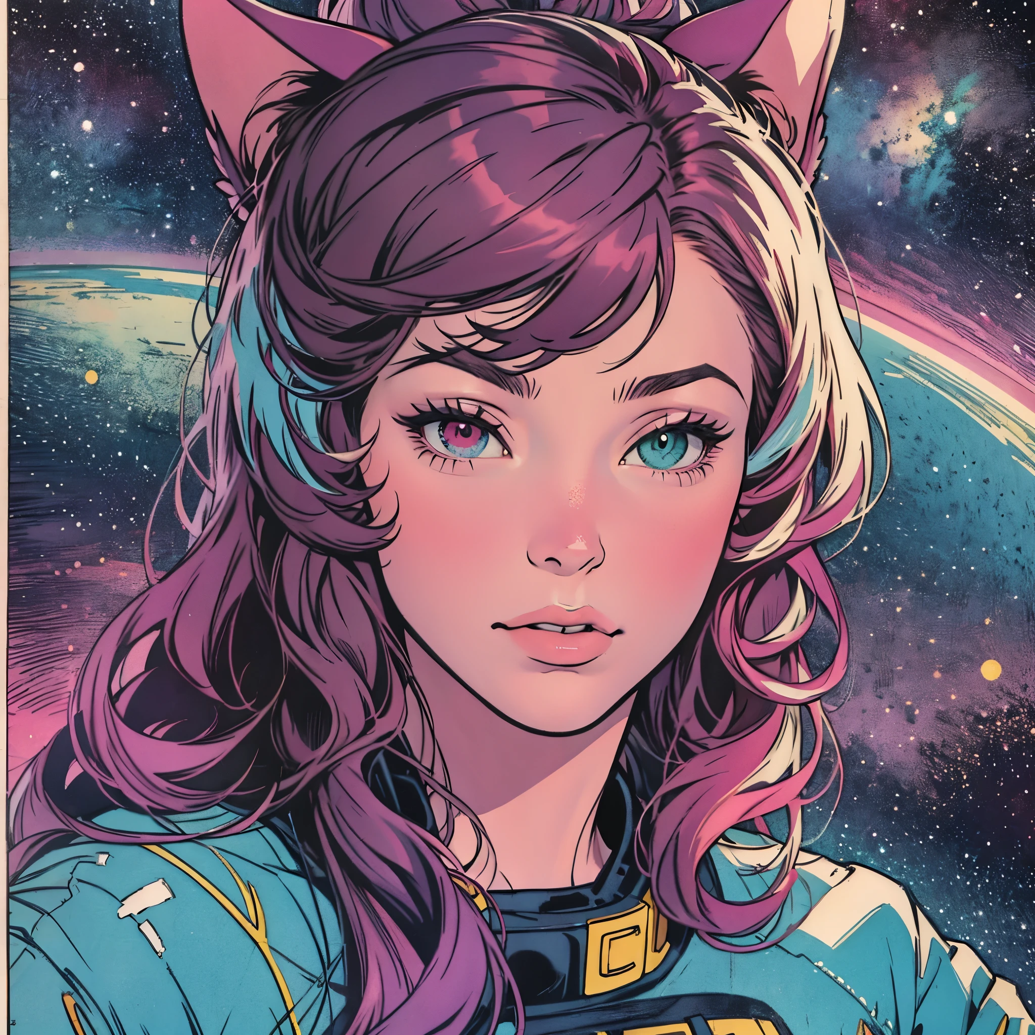 ultimate best quality,beautiful woman,speech bubble,big brest,galaxy,60s,70s,80s,colorful,cosmo,space,((Heterochromia))