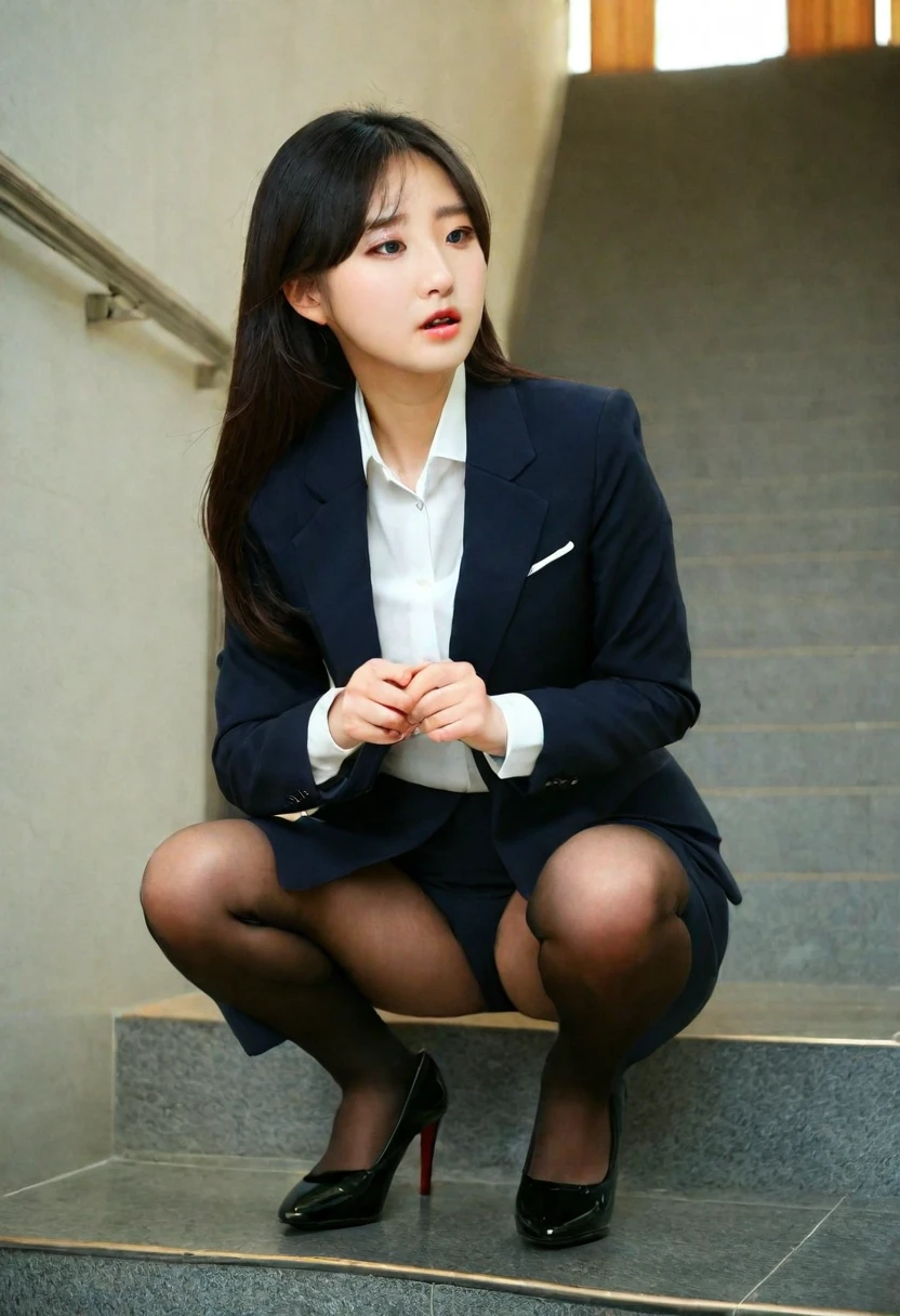 Young Arabian woman in suit and black stockings squatting on stairs, Korean women, Korean Girls, Girl in suit, Girl in suit, korean female fashion model, 厳格なWear a business suit, Dress neatly, Wearing a business suitいる, In a strict suit, beautiful south Korean women, Wearing a business suit, Wear a business suit, Kneel and look up