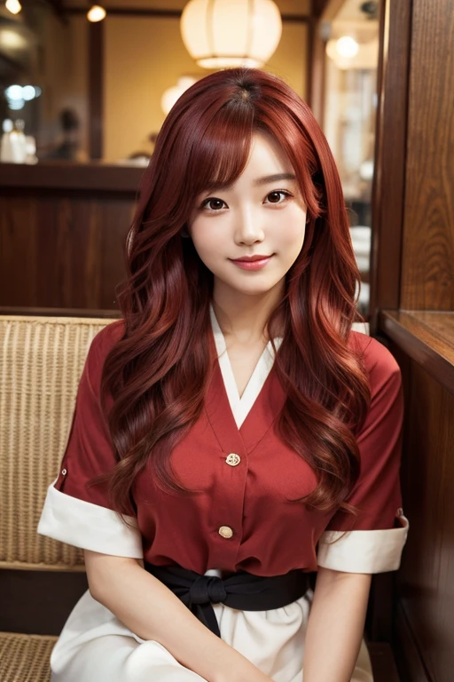 Photorealistic, high-quality 32k photo of a beautiful Japanese girl in a casual, chic outfit,with detailed eyes and a charming smile, seated at a cozy café,her hair styled in a soft wave,((dark red hair))