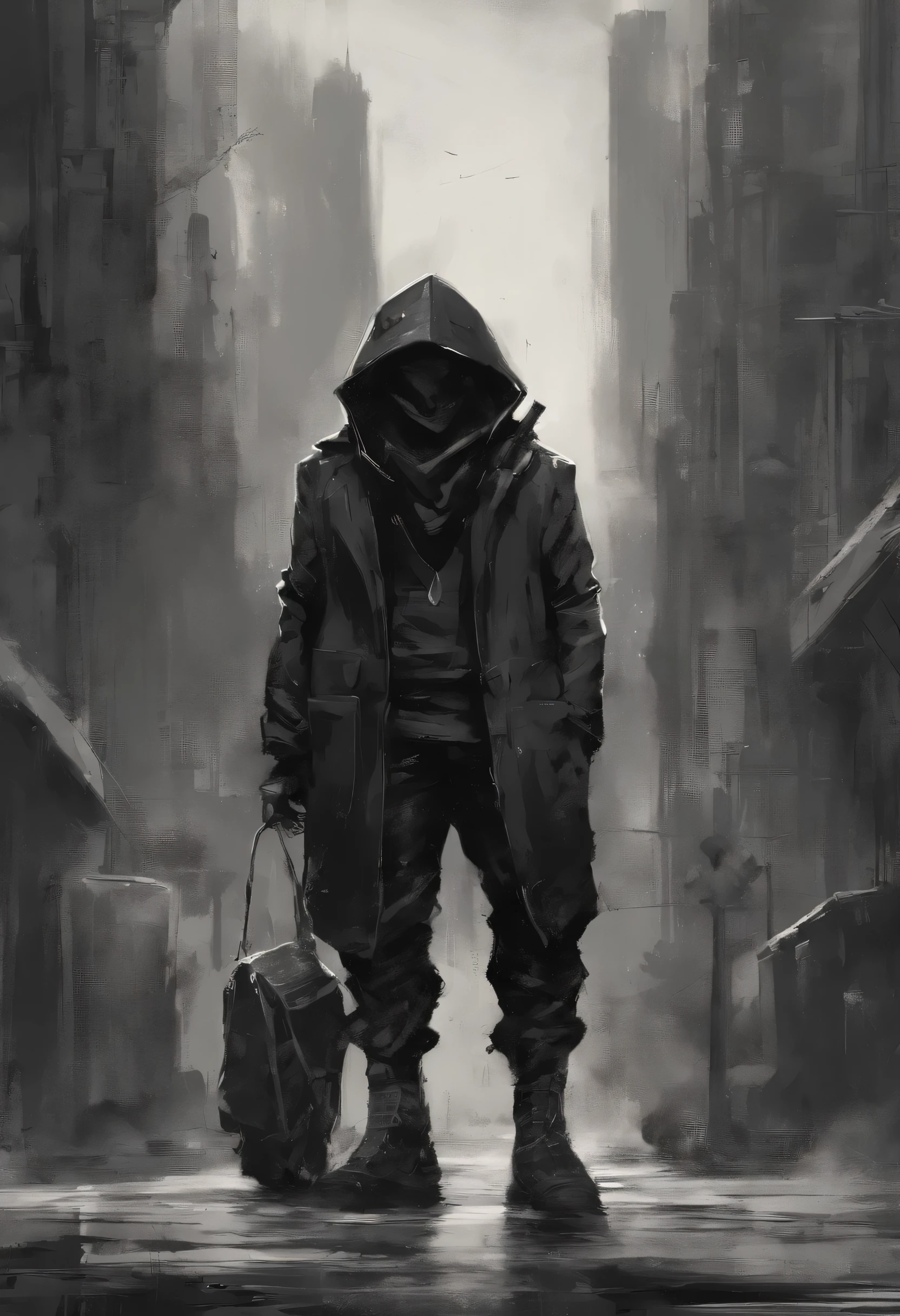Pintura (((um menino negro))) ((in heavy pants and jacket)), (botas bege), (Na rua), (com um pequeno pinguim), (Estilo Pixar)++, Jean-Baptiste Monge, Post-apocalyptic City --Air 2:3 --testp;
