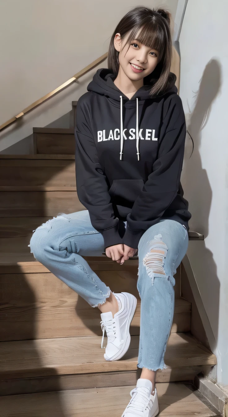 highest quality, Realistic, Very detailed, Finer details, High resolution, 8k wallpaper, One beautiful woman,Sit on the stairs、(Wear black socks)smile、(Beautiful teeth alignment、)(Gums are visible) Oversized hoodie, Skinny jeans,( Black sneakers)、Black Hair、 Beautiful Bangs、ear piercing、Perfect dynamic composition, Beautiful and detailed, Full Body Shot, A big smile