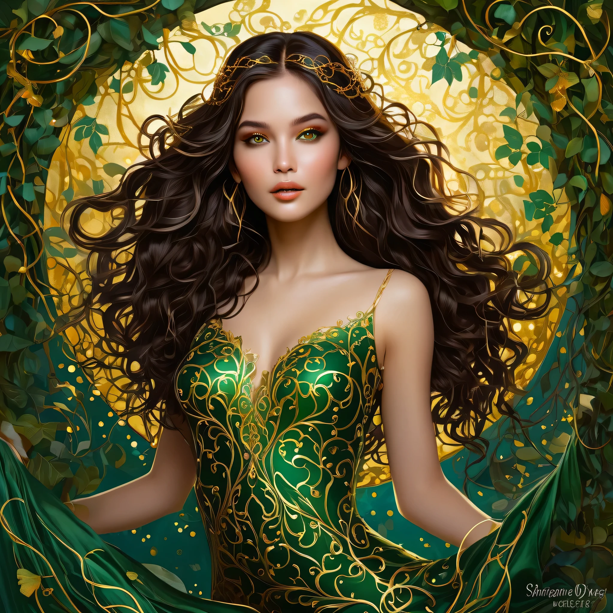 A mischievously alluring siren, her silhouette dances with an otherworldly grace, each detail a whimsical blend of darkness and allure. Long chestnut dark brown hair and amber eyes. A digital painting captures her essence, showcasing vibrant hues and intricate details that draw viewers in. Her ethereal form is adorned with tangled vines of shimmering gold, her eyes a hypnotic swirl of mesmerizing greens. This captivating image evokes a sense of mystery and enchantment, inviting viewers to lose themselves in her enchanting gaze.