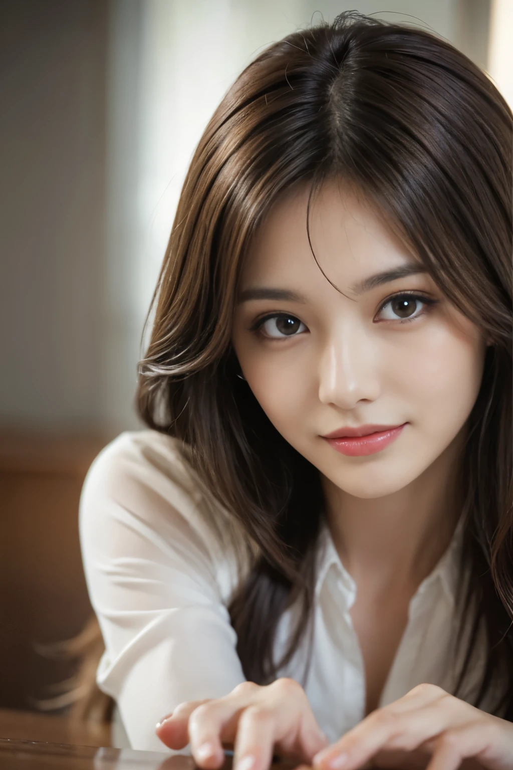 On the table, best quality, Practical, Ultra Detailed, Finely, high resolution, 8k wallpaper, 1 beautiful woman,, Light brown messy hair, Wearing a suit, Clear focus, Perfect dynamic composition, Beautiful and delicate eyes, Thinning hair, Detailed Practical skin texture, Smile, Close-up portrait, Model figure
