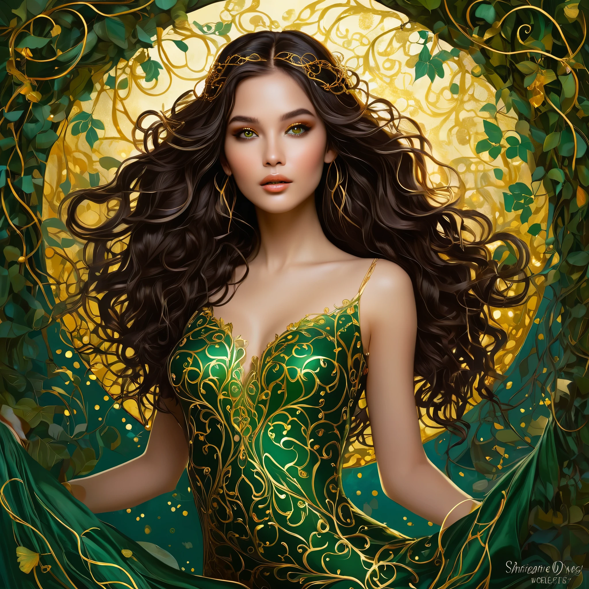 A mischievously alluring siren, her silhouette dances with an otherworldly grace, each detail a whimsical blend of darkness and allure. Long chestnut dark brown hair and amber eyes. A digital painting captures her essence, showcasing vibrant hues and intricate details that draw viewers in. Her ethereal form is adorned with tangled vines of shimmering gold, her eyes a hypnotic swirl of mesmerizing greens. This captivating image evokes a sense of mystery and enchantment, inviting viewers to lose themselves in her enchanting gaze.