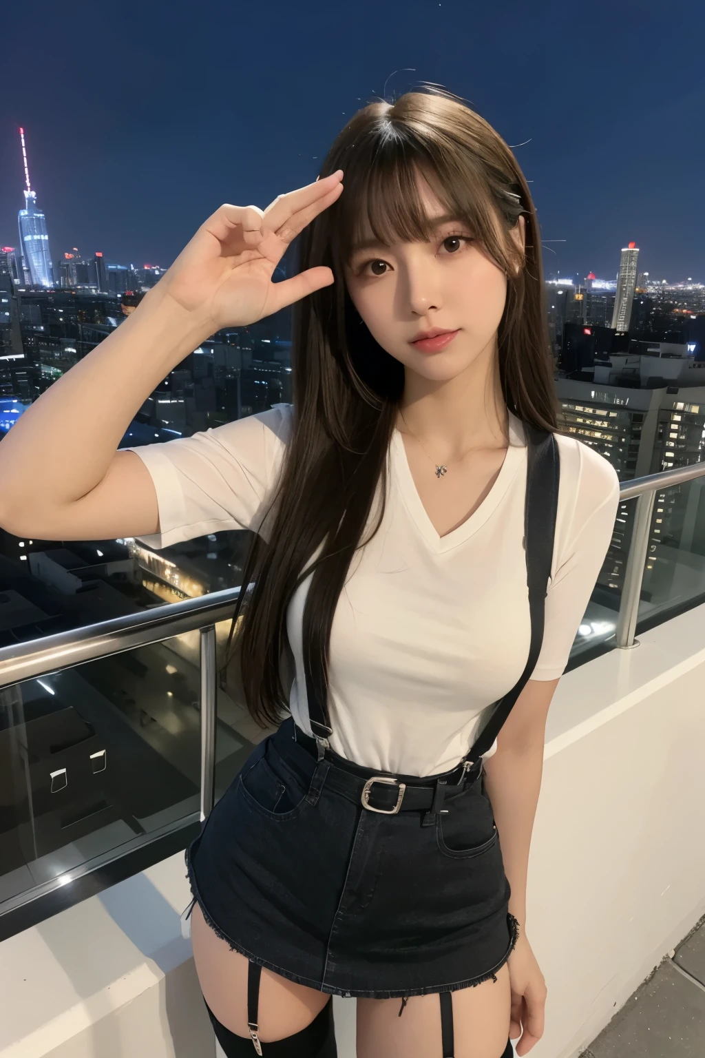 ((Midnight, highest quality, 8k, masterpiece :1.3)), whole body, Long legs, Sharp focus :1.2, Beautiful woman with perfect figure :1.4, Slim Abs :1.1, ((Dark brown hair, Big Breasts :1.2)), (White tight T-shirt, Jean Bib, Are standing:1.2), ((Night city view, rooftop:1.3)), Very detailedな顔と肌の質感, Fine grain, Double eyelids one girl,highest quality,masterpiece,figure,Very delicate and beautiful,CG,Unity,8k wallpaper,wonderful,In detail,masterpiece,Official Art,Very detailed CG Unity 8k wallpaper,Incredibly absurd,Large file size,Very detailedな,High resolution,Very detailed,Beautiful detailed girl,Realistic,from the front,Outdoor,　suspenders　　　Large swollen breasts　　 　 　　　　Black mini skirt　garter belt　Knee-high socks　　　　　　　bangs 　　　　　Beauty　　Hands up　　 　　Black boots 　　　　one person 　　　Dress shirt　　　Hands Behind Back　put your hands behind your back　　With your hands behind your back　Armament　holster　　A room at the Belt Hotel　Bed　Wall side