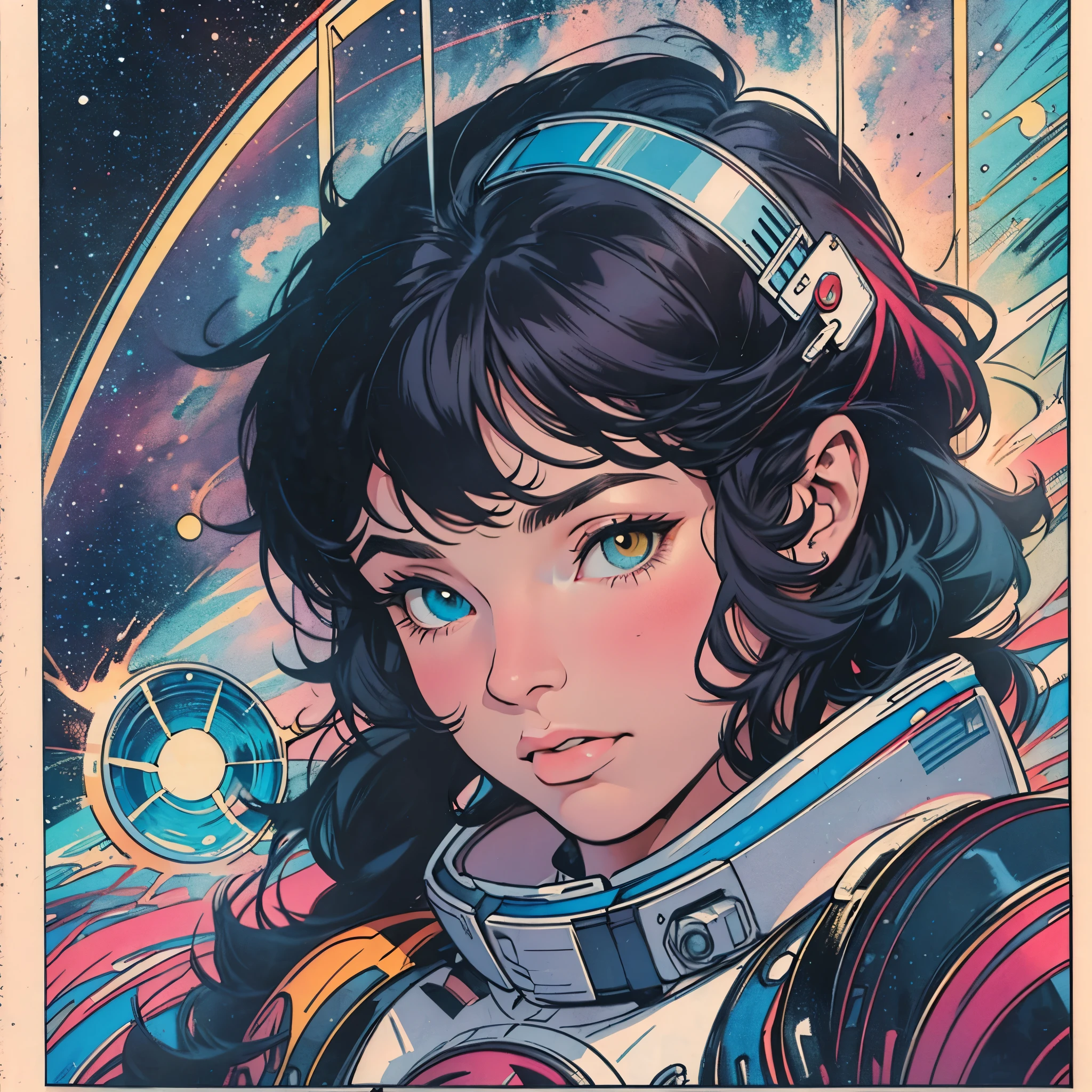 ultimate best quality,beautiful woman,speech bubble,big brest,galaxy,60s,70s,80s,colorful,cosmo,space,((Heterochromia))
