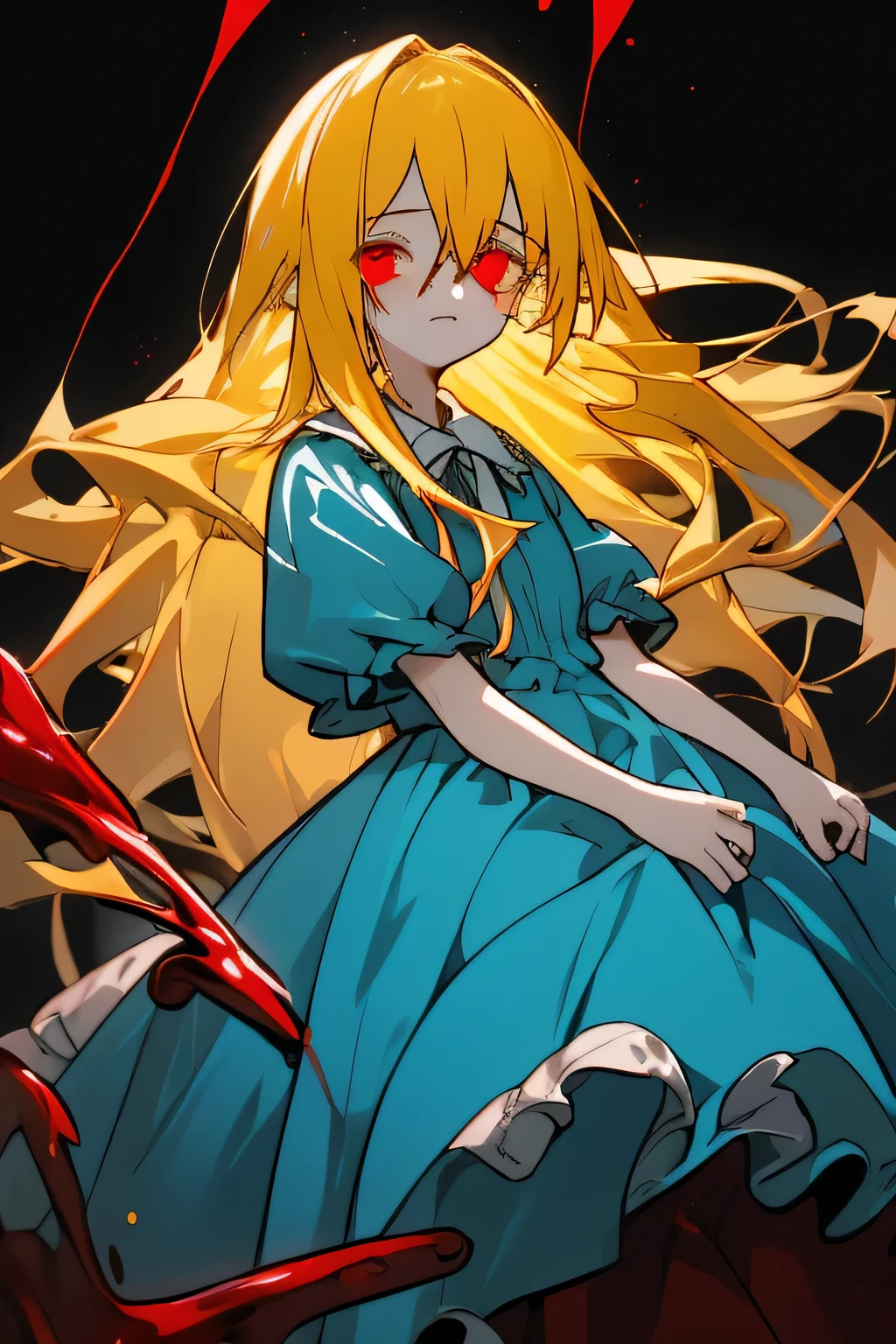 Yellow Hair Long Hair Red eyes Light blue dress highest quality masterpiece beautiful girl Blood on face