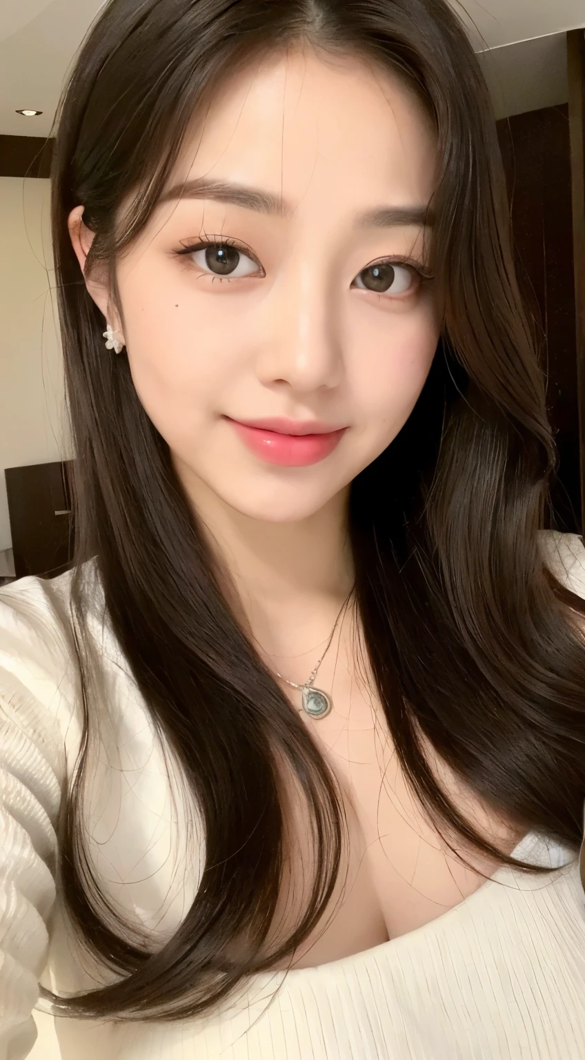 ((highest quality、8k、masterpiece:1.3))、Japanese、The perfect man, Big Breasts、Perfect body beauty:1.4、((Delicate Hair))、double eyelid、Baby Face、 Laughter, Black Hair, bangs, Narrow and beautiful eyes, Brown Hair, Whole Body Ezbian, Self Snap, Korean Fashion, smile, Hotel