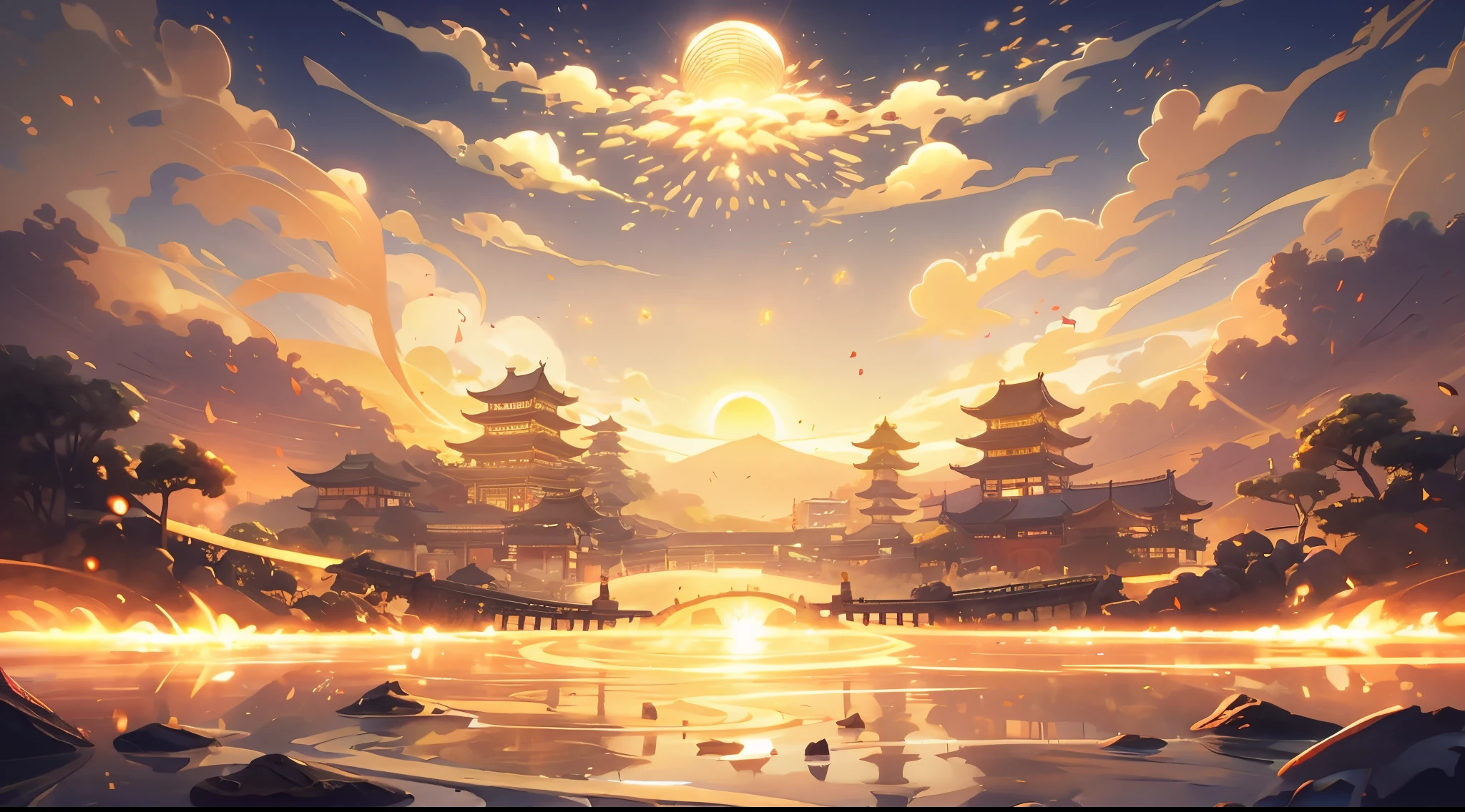 9:16 full pictures, ancient Chinese architecture, Hazy moon, night, garden, bamboo, lake, Stone Bridge, rockery, arch, corner, rockery, Tree, Tap water, landscape, outdoor, Fall, Grass, rock, Lotus, hot spring , water vapor, (illustration: 1.0), Epic creation, Detail Enhancement, Detail Enhancement. Realistic lighting, High-resolution details, masterpiece, best quality, (Very detailed CG unified 8K wallpaper), (best quality)