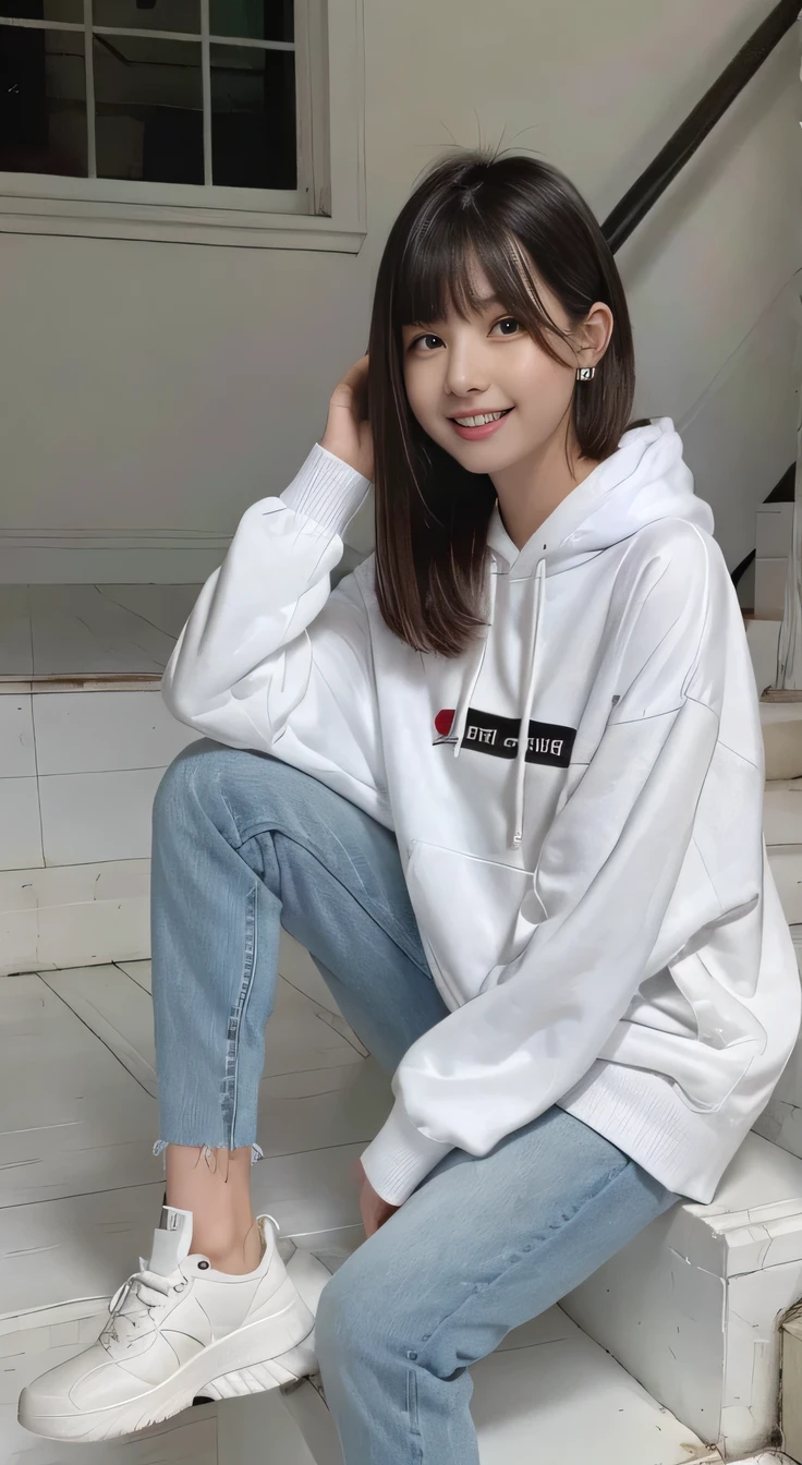 highest quality, Realistic, Very detailed, Finer details, High resolution, 8k wallpaper, One beautiful woman,Sit on the stairs、（Wear black socks）smile、（Beautiful teeth alignment、）（Gums are visible） Oversized hoodie, Skinny jeans,（ Black sneakers）、Black Hair、 Beautiful Bangs、ear piercing、Perfect dynamic composition, Beautiful and detailed, Full Body Shot, A big smile brown hair