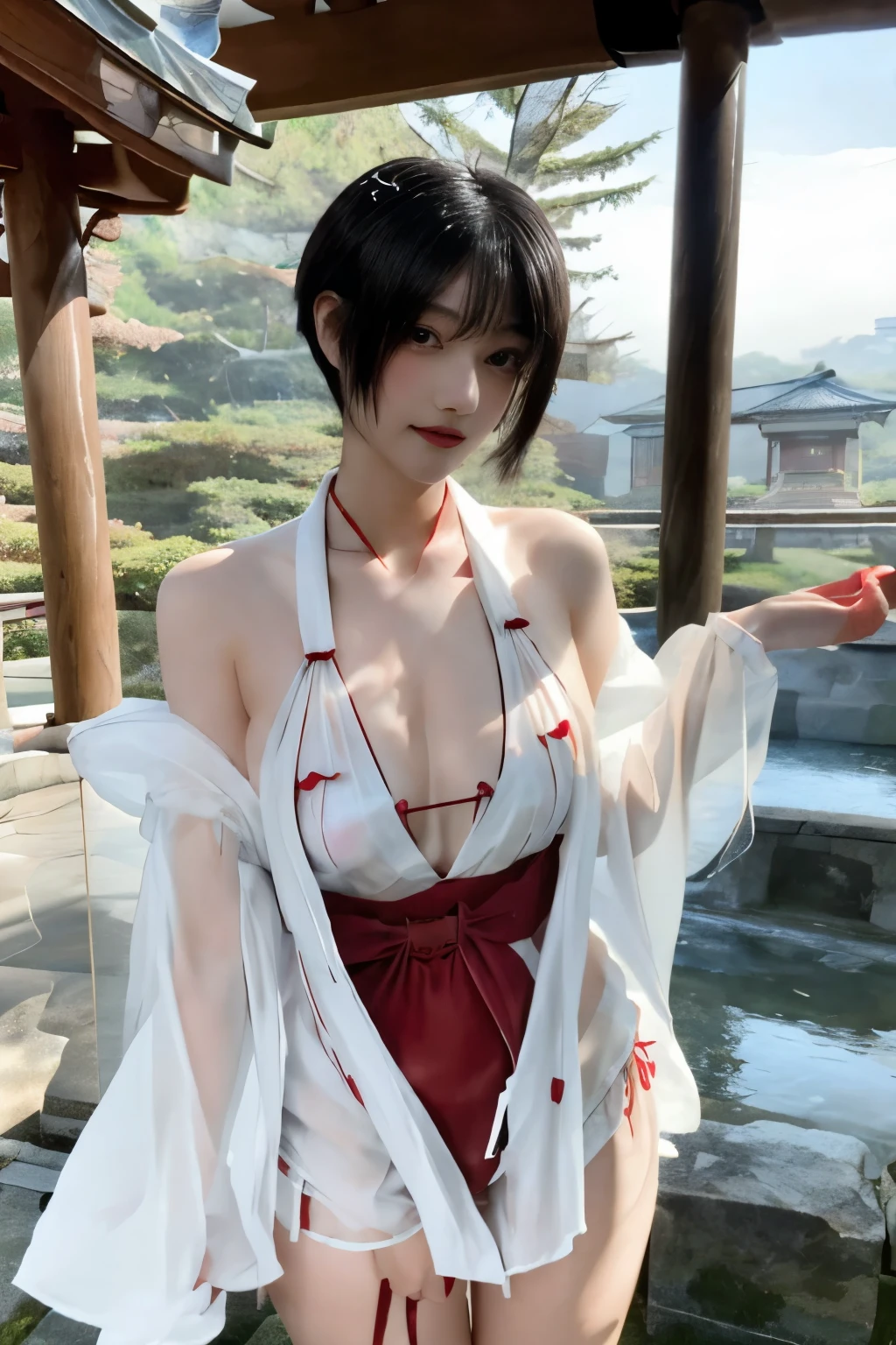 Masterpiece、highest quality、Woman 1、Long-limbed woman、Photo realistic、Super detailed、Gravure idol　Black Hair、short hair、Straight Hair　Red Hakama、Shrine maiden、White kimono　see through、White swimsuit、bikini　Gravure pose　shrine