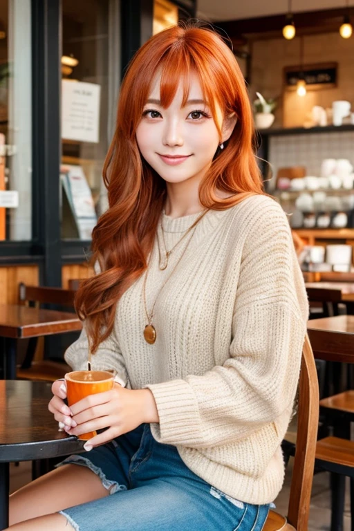 Photorealistic, high-quality 32k photo of a beautiful Japanese girl in a casual, chic outfit,with detailed eyes and a charming smile, seated at a cozy café,her hair styled in a soft wave,(dark orange hair)