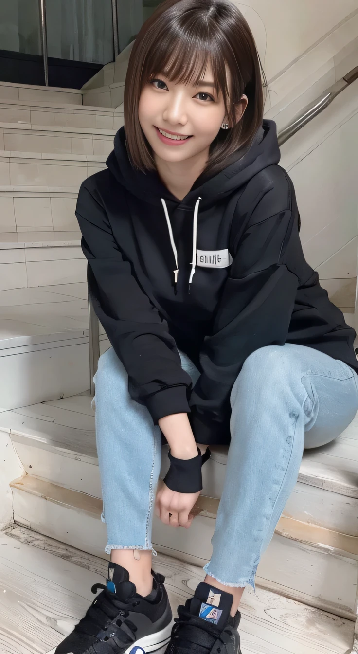 highest quality, Realistic, Very detailed, Finer details, High resolution, 8k wallpaper, One beautiful woman,Sit on the stairs、(Wear black socks)smile、(Beautiful teeth alignment、)(Gums are visible) Oversized hoodie, Skinny jeans,( Black sneakers)、Black Hair、 Beautiful Bangs、ear piercing、Perfect dynamic composition, Beautiful and detailed, Full Body Shot, A big smile