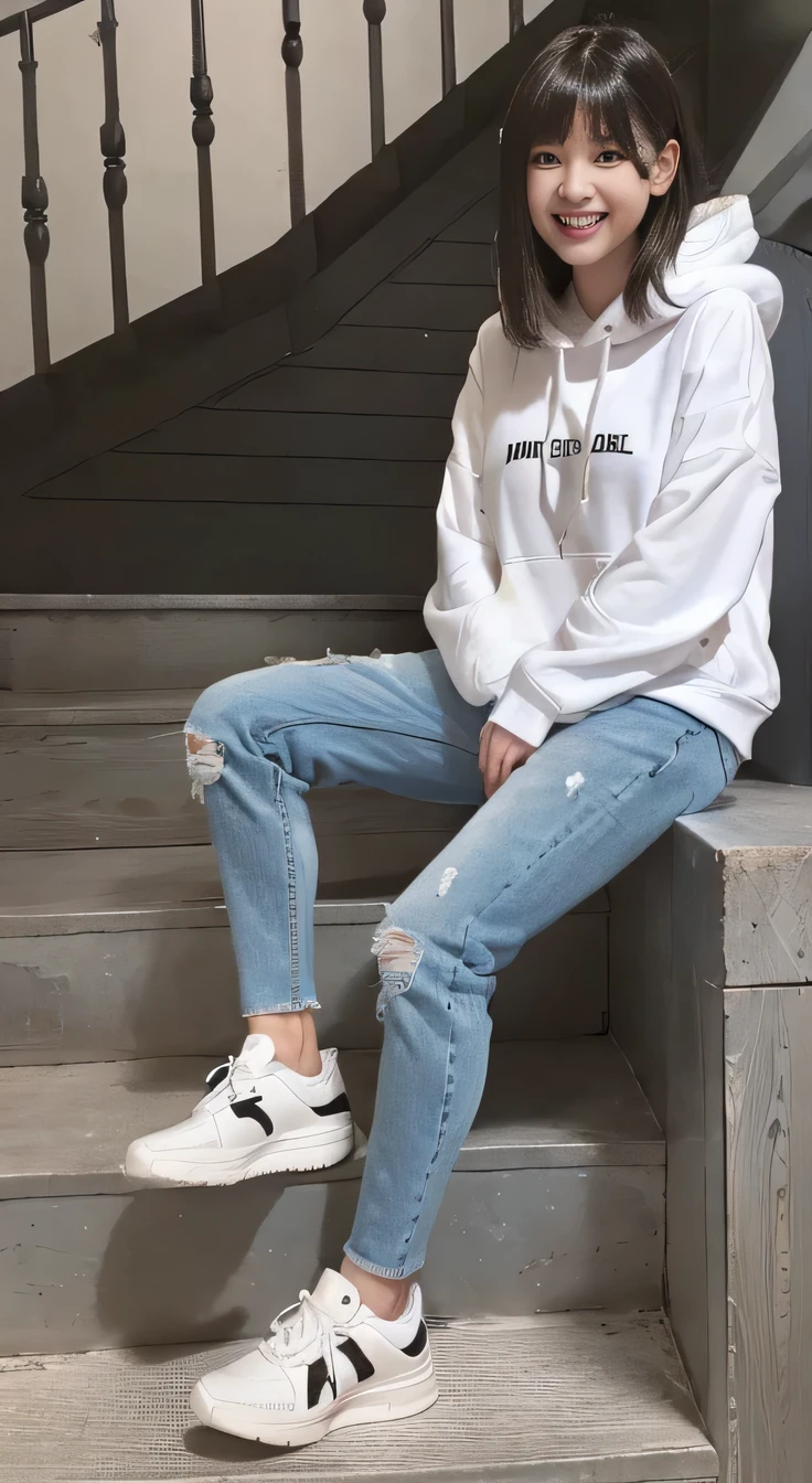 highest quality, Realistic, Very detailed, Finer details, High resolution, 8k wallpaper, One beautiful woman,Sit on the stairs、（Wear black socks）smile、（Beautiful teeth alignment、）（Gums are visible） Oversized hoodie, Skinny jeans,（ Black sneakers）、Black Hair、 Beautiful Bangs、ear piercing、Perfect dynamic composition, Beautiful and detailed, Full Body Shot, A big smile

