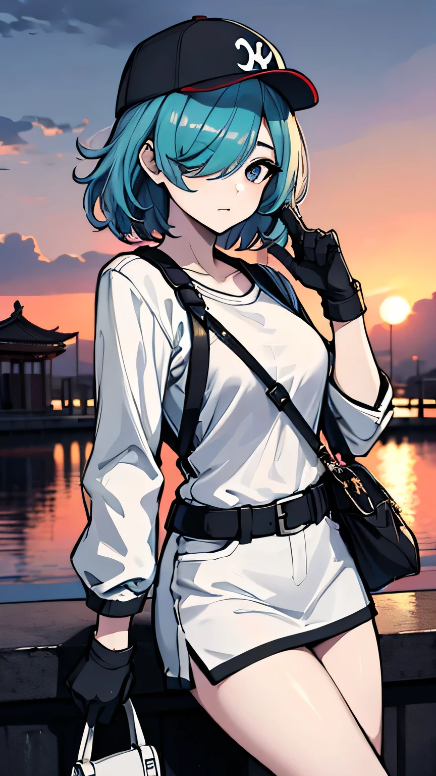 (absurdres, 8k, 4k, masterpiece, hyper extreme detailed:1.2), solo, 1girl, looking at viewer, portrait, best quality, expressive eyes, perfect face, 1girl, portrait, looking at viewer, solo, standing, Female, toned body, mature female, medium breasts, pale, teal hair, calm, medium hair, balance, long gloves, hair over one eye, hair accessories, calm, purse, posing, Temple background, cloudy skies, sunset, hair covering one eye, casual wear, baseball cap, white shirt, open jacket, half body