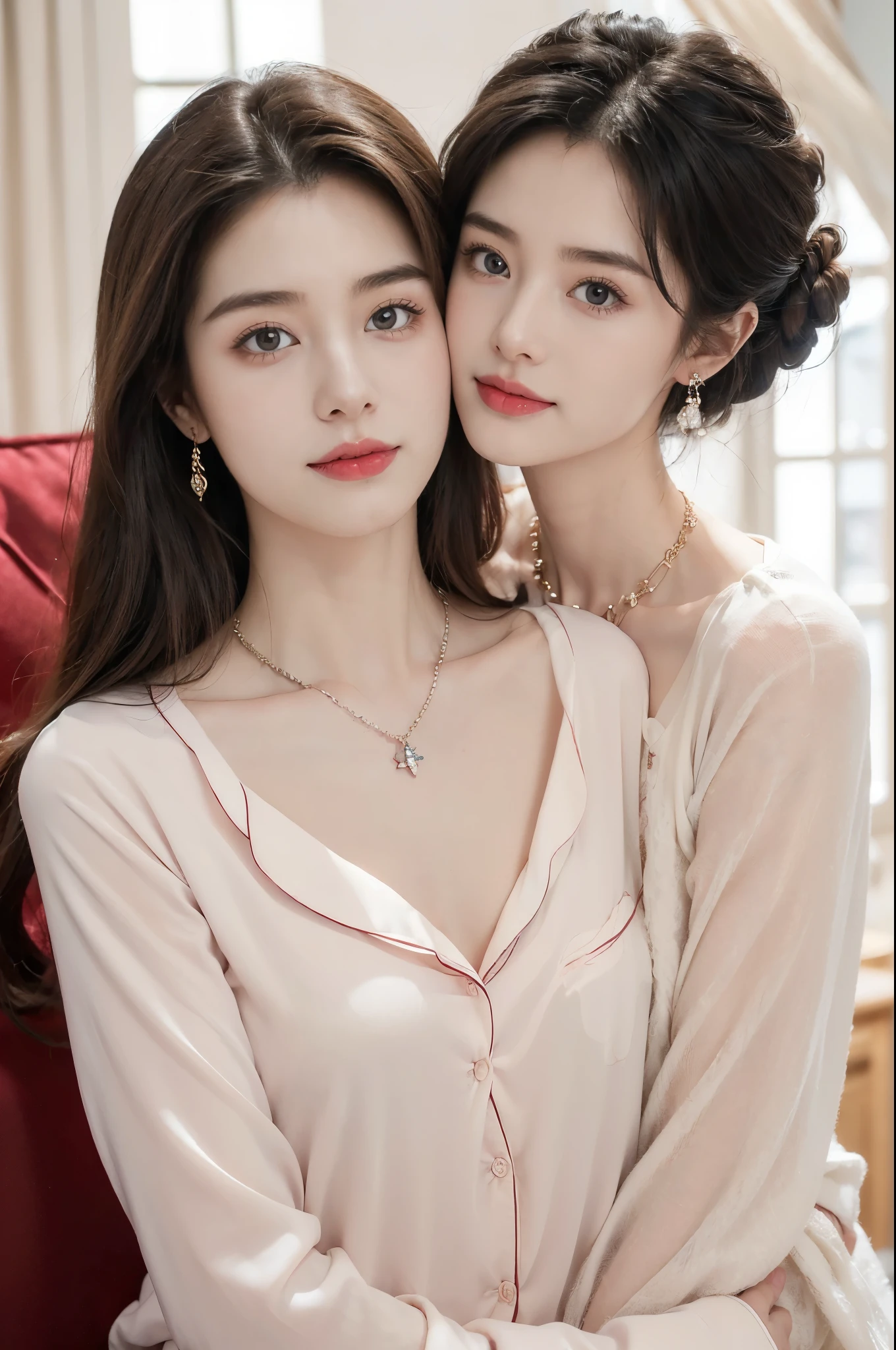 (((8k))),((Extremely meticulous CG)) ,(wallpaper),(Portrait above the chest:1.5),16k,((Extremely refined and beautiful)),(((Masterpiece))),(((best qualtiy))),(((Ultra High Resolution))),beautiful light up,realistic shaded,(Smooth and flawless fair skin:1.5),(pale skin:1.3),(Extremely exquisite facial details:1.2),(perfect body:1.2),(ultra-detailed:1.2),(30-year-old mother and 2-year-old daughter:1.5),(woman and little baby:1.5),(small head:1.2),(medium straight bob hair:1.2),(bangs:1.5),(small face:1.2),(baby face:1.3),(Exquisite makeup:1.2),(((slim,thin))),(happy:1.2),(laughing:1.2),(earrings:1.2),(crystal necklace:1.3),(collar:1.3),(pink dress:1.5),(sleeves:1.3),(day scene:1.5),(indoor:1.2),(in the living room:1.5),(detailed background:1.5),(standing:1.3),(arms behind back:1.3),(close-up of face:1.3),(from front:1.3)