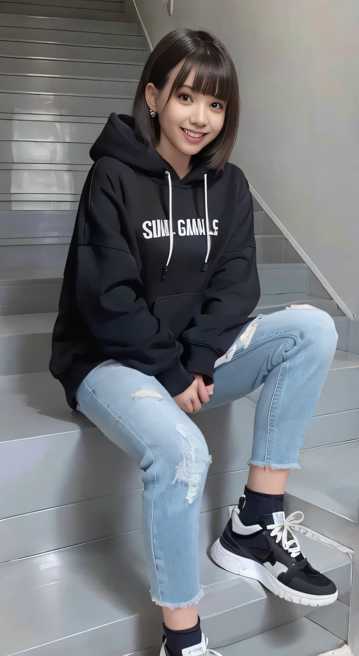 highest quality, Realistic, Very detailed, Finer details, High resolution, 8k wallpaper, One beautiful woman,Sit on the stairs、（Wear black socks）smile、（Beautiful teeth alignment、）（Gums are visible） Oversized hoodie, Skinny jeans,（ Black sneakers）、Black Hair、 Beautiful Bangs、ear piercing、Perfect dynamic composition, Beautiful and detailed, Full Body Shot, A big smile

