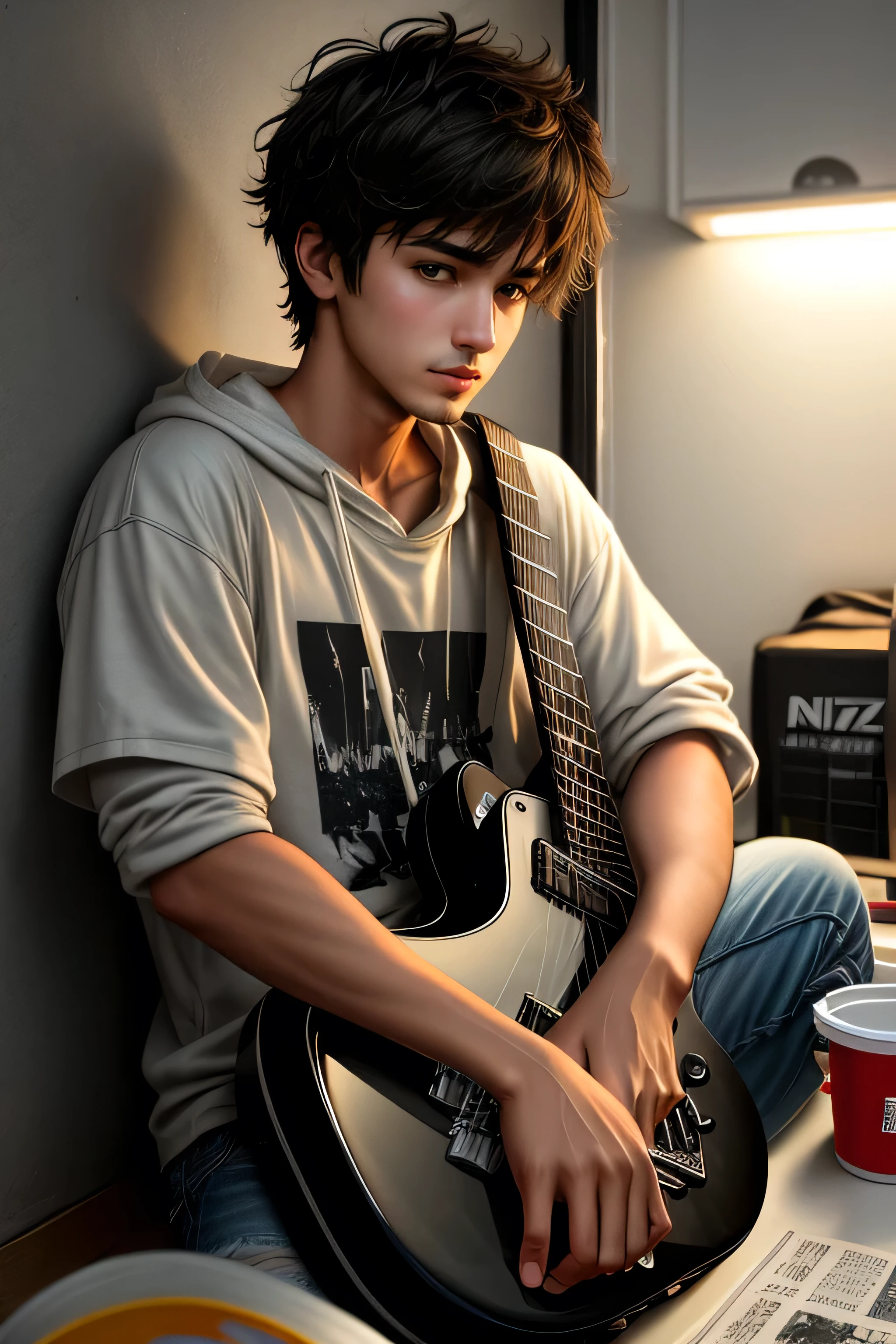 
In a cramped urban apartment, one half is chaotic, lit with dim, moody lighting. A skateboard leans in the corner beside a guitar, while concert tickets and graffiti sketches are scattered on a table. This stark contrast illustrates the duality of a young man in his early 20s, living between two very different identities, 

urban,extremely detailed, [night landscape],masterpiece,intricate details,faded,eyes extremely detailed, high detailed eyes,4k resolution,RAW, Nikon Z9