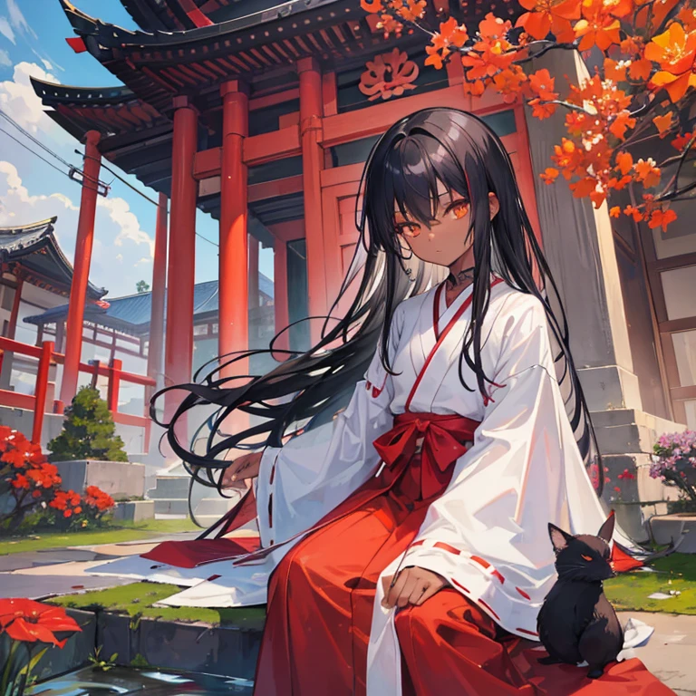 Small shintō MIKO with dark skin and long black hair, amber eyes, in the temple garden taking care of the flowers. 