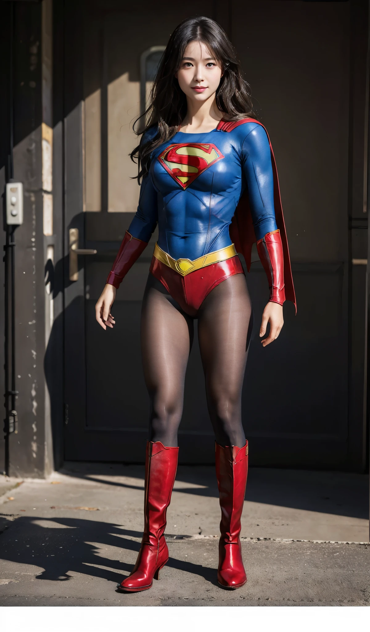 No background、(((Beautiful legs in black tights.)))、(((Legally express the beauty of your smile)))、((((Make the most of your original images)))、(((Supergirl Costume)))、(((Beautiful Hair)))、(((suffering)))、(((Please wear black tights....、Wear red boots)))、((Best image quality、8K))、((highest quality、8K、masterpiece:1.3))、(((Preserve background )))、Sharp focus:1.2、Beautiful woman with perfect figure:1.4、Thin abdominal muscles:1.2、Wet body:1.5、Highly detailed face and skin texture、8K