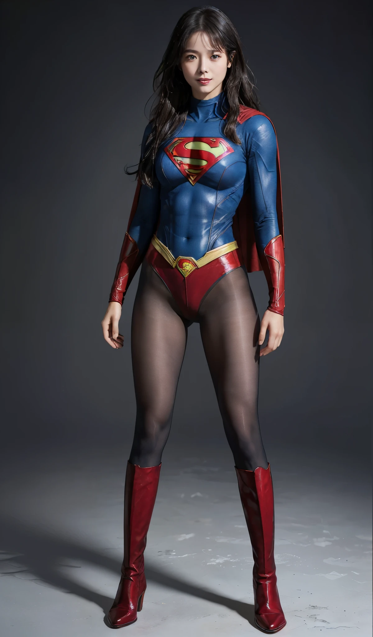 No background、(((Beautiful legs in black tights.)))、(((Legally express the beauty of your smile)))、((((Make the most of your original images)))、(((Supergirl Costume)))、(((Beautiful Hair)))、(((suffering)))、(((Please wear black tights....、Wear red boots)))、((Best image quality、8K))、((highest quality、8K、masterpiece:1.3))、(((Preserve background )))、Sharp focus:1.2、Beautiful woman with perfect figure:1.4、Thin abdominal muscles:1.2、Wet body:1.5、Highly detailed face and skin texture、8K